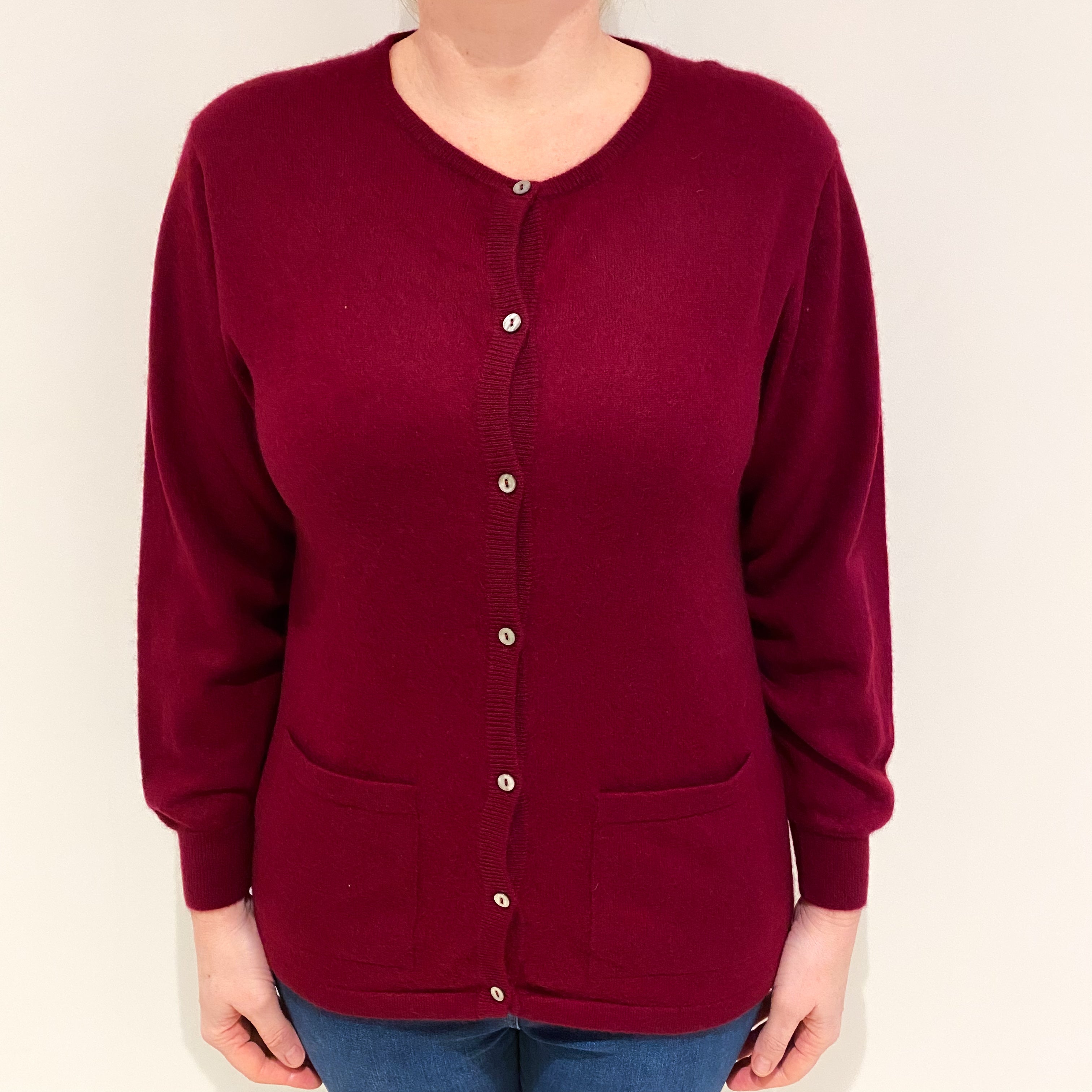 Garnet Red Cashmere Crew Neck Cardigan with Pockets Large