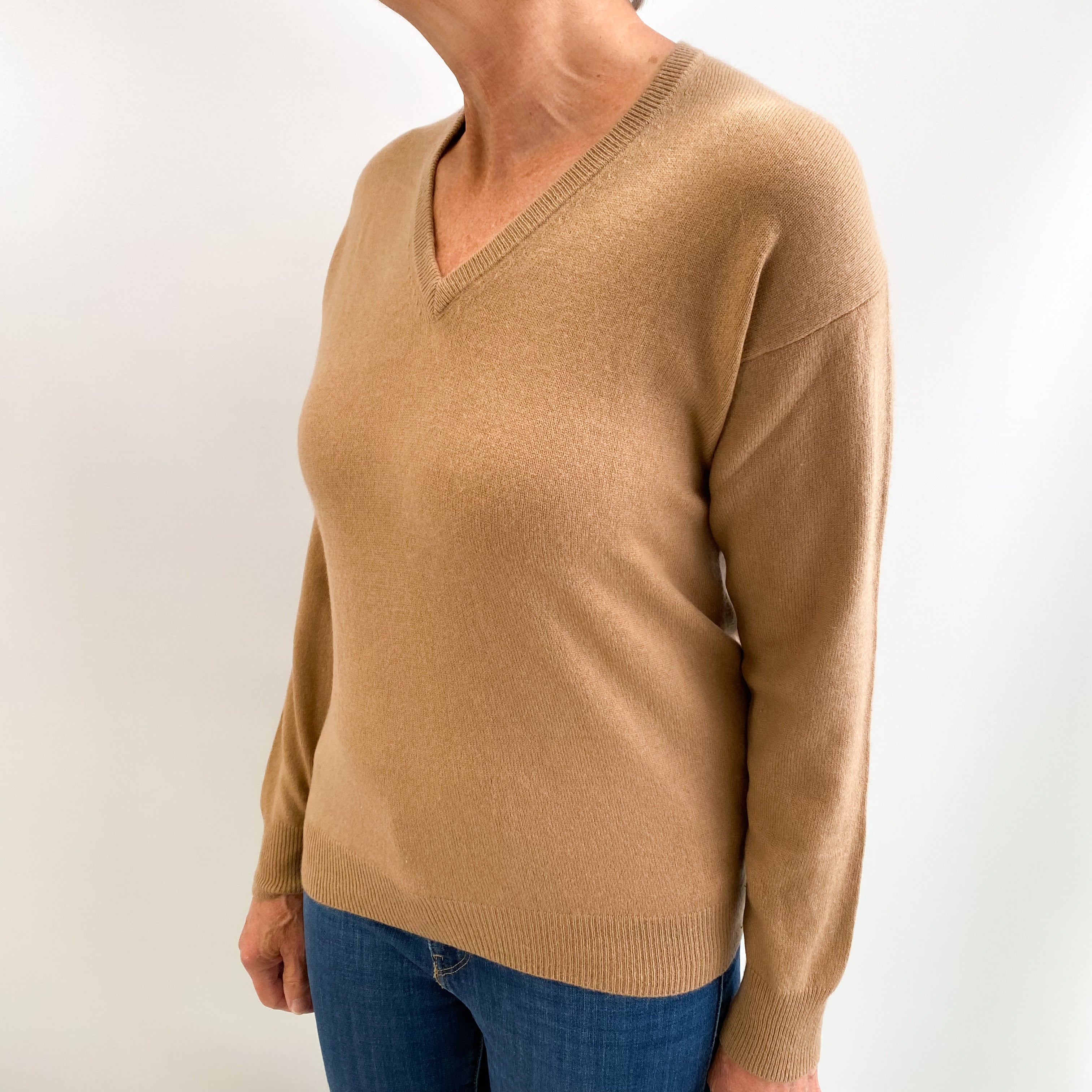 Camel Brown Cashmere V Neck Jumper Medium