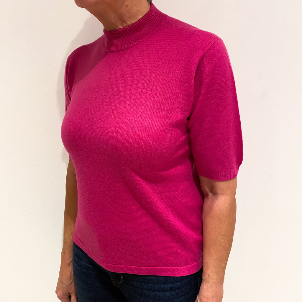 Hot Pink Cashmere Short Sleeve Turtle Neck Jumper Medium