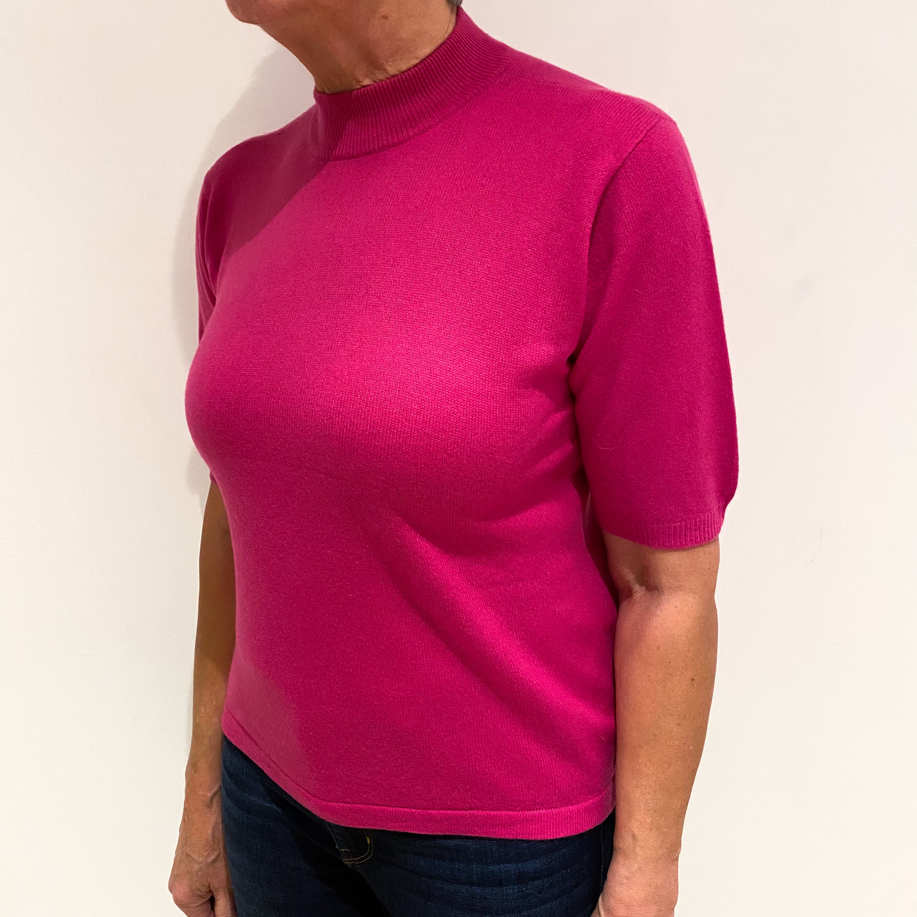 Hot Pink Cashmere Short Sleeve Turtle Neck Jumper Medium