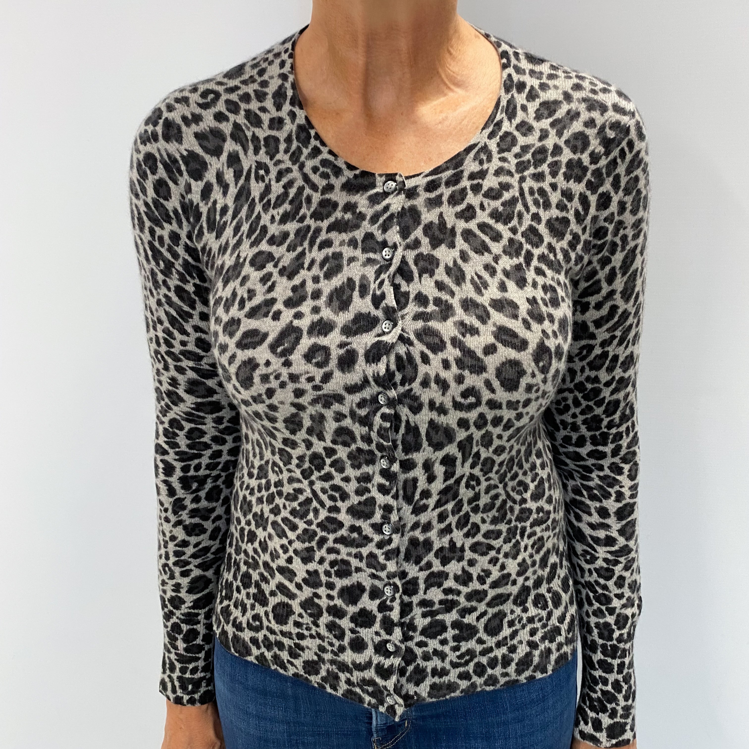 Grey Animal Print Cashmere Crew Neck Cardigan Medium