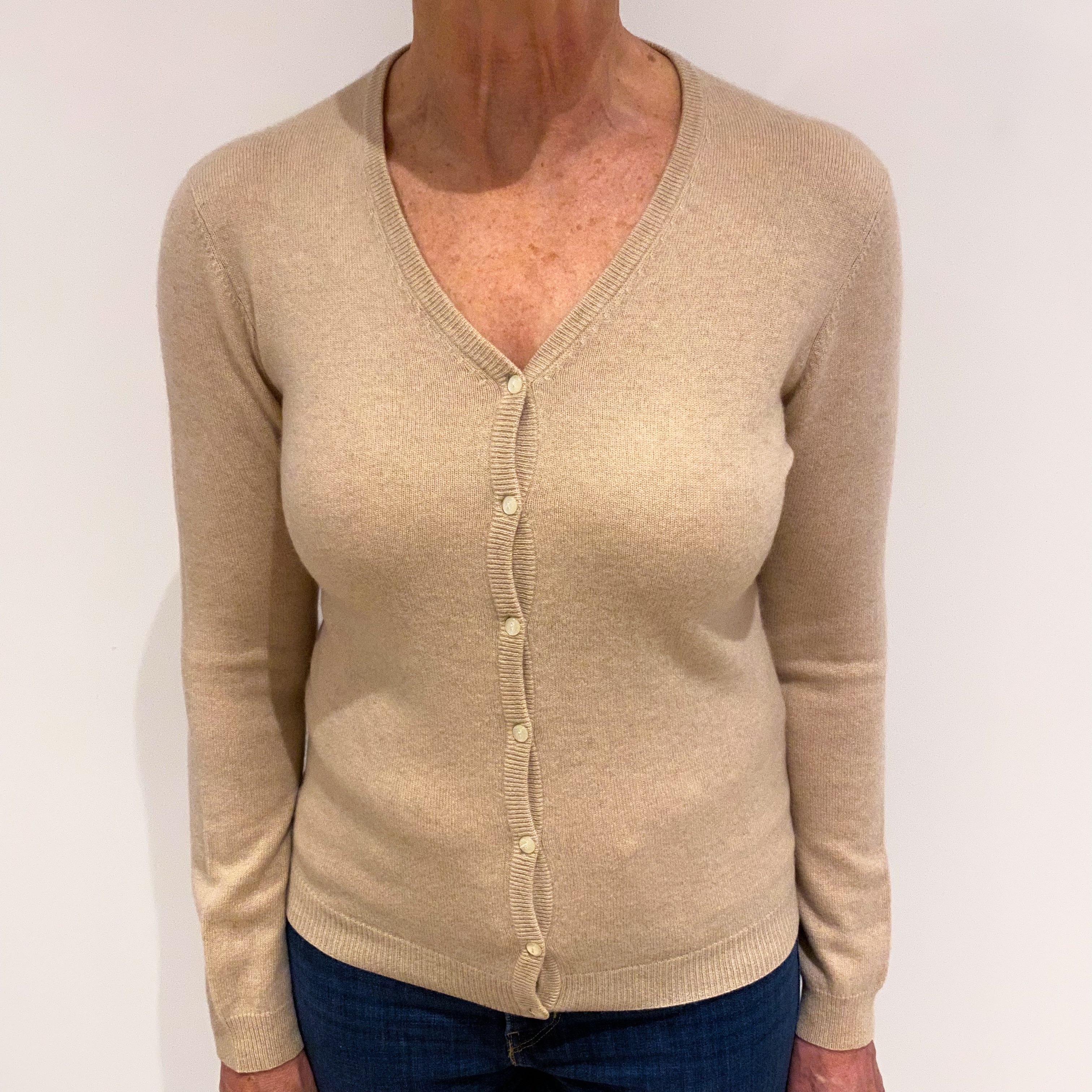 Buff Beige Cashmere V Neck Cardigan Medium