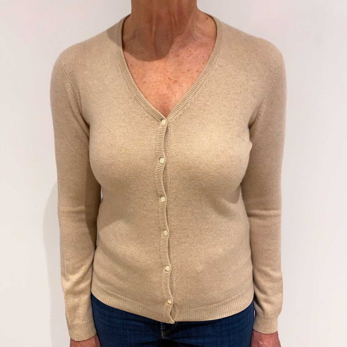Buff Beige Cashmere V Neck Cardigan Medium