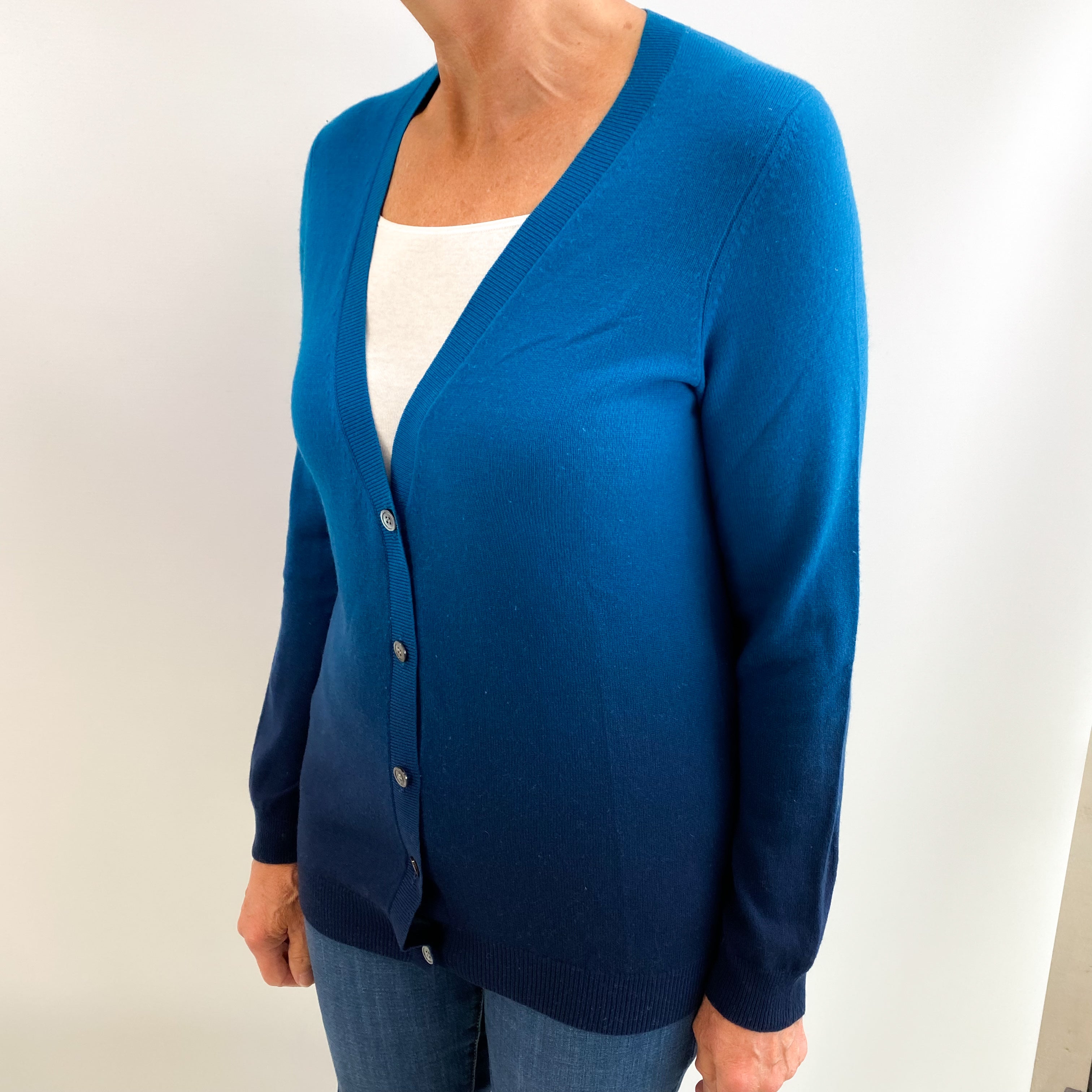 Teal and Navy Ombre Cashmere V Neck Cardigan Medium