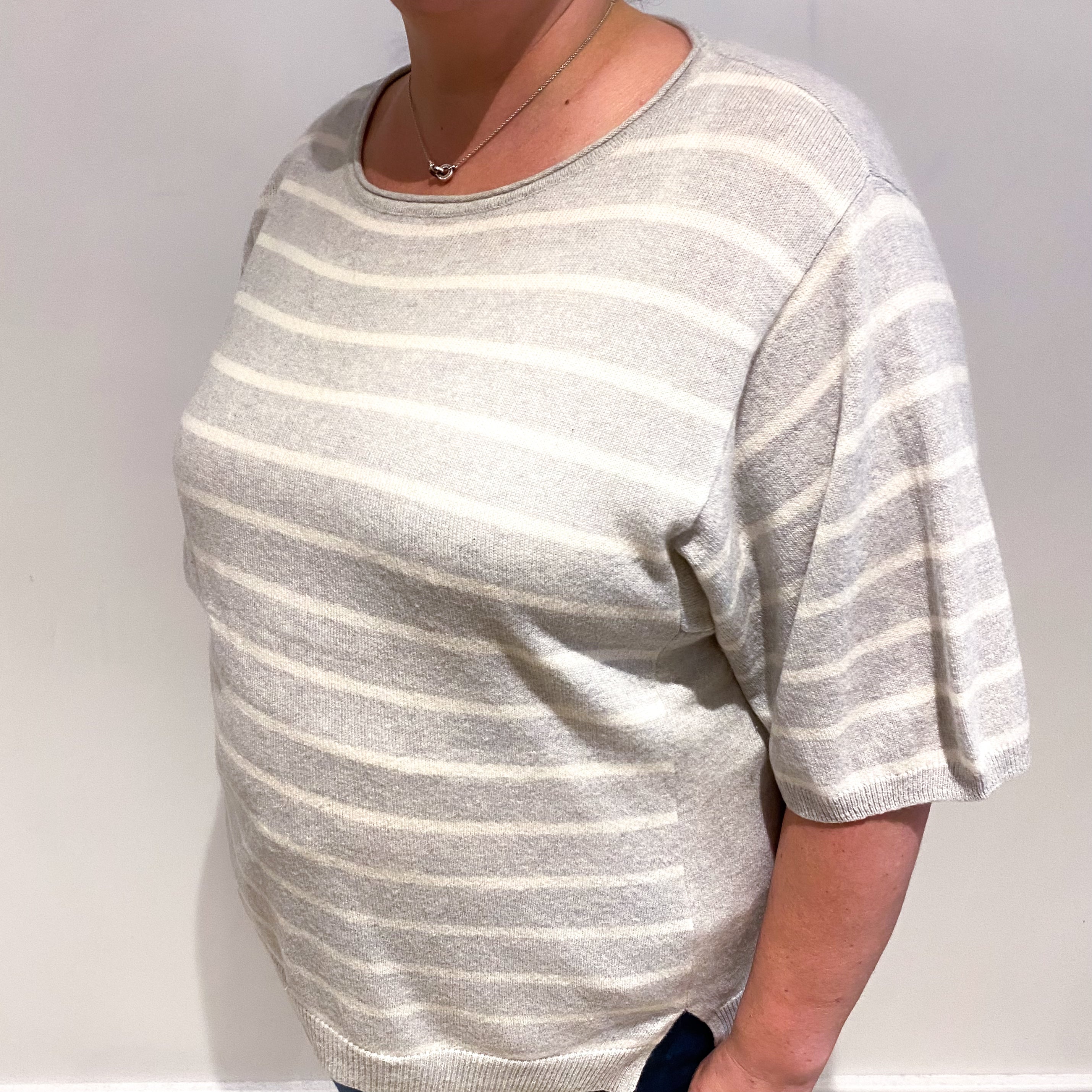Mist  Grey Stripe Cashmere Short Sleeved Slash Neck Jumper Extra Large