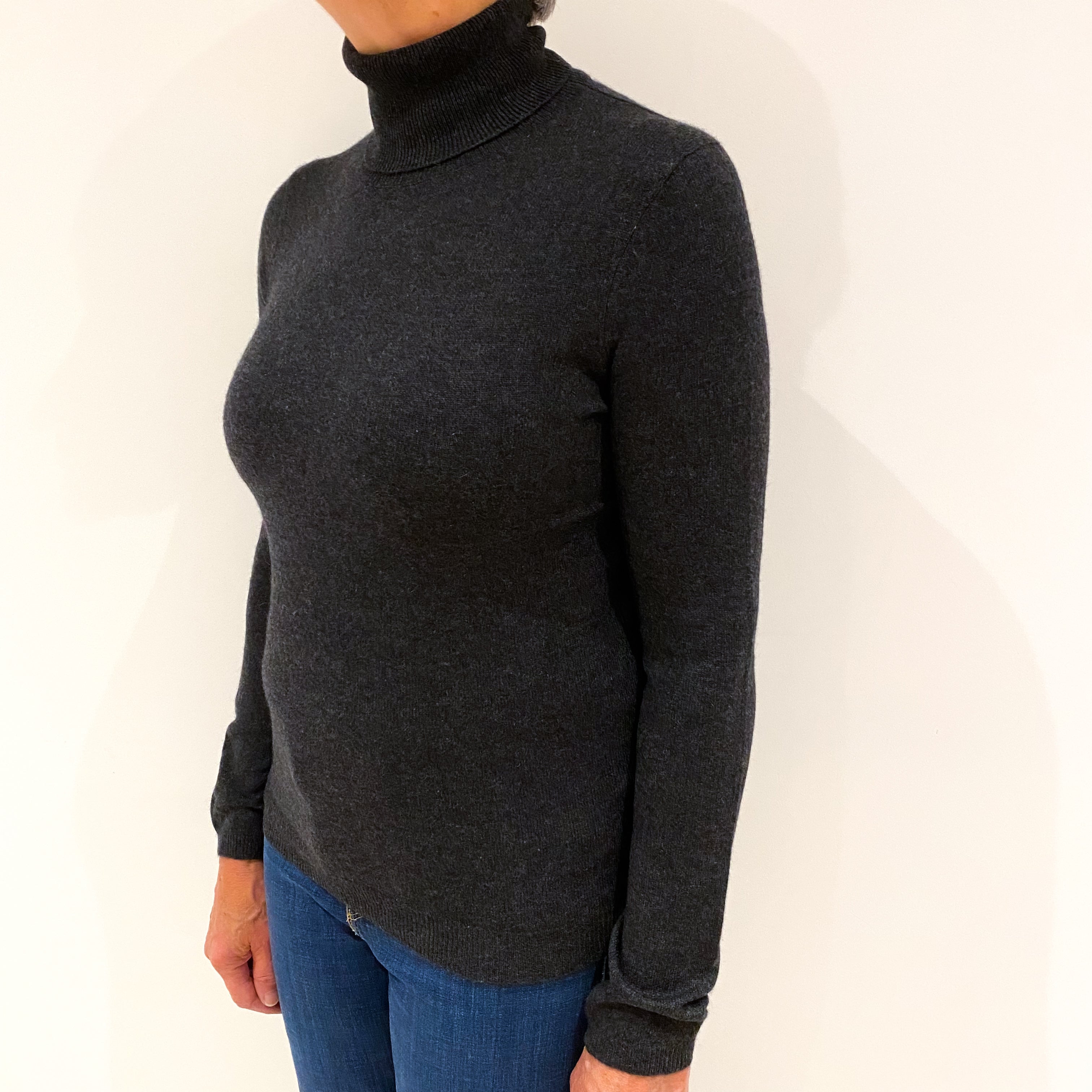 Dark Slate Grey Cashmere Polo Neck Jumper Medium