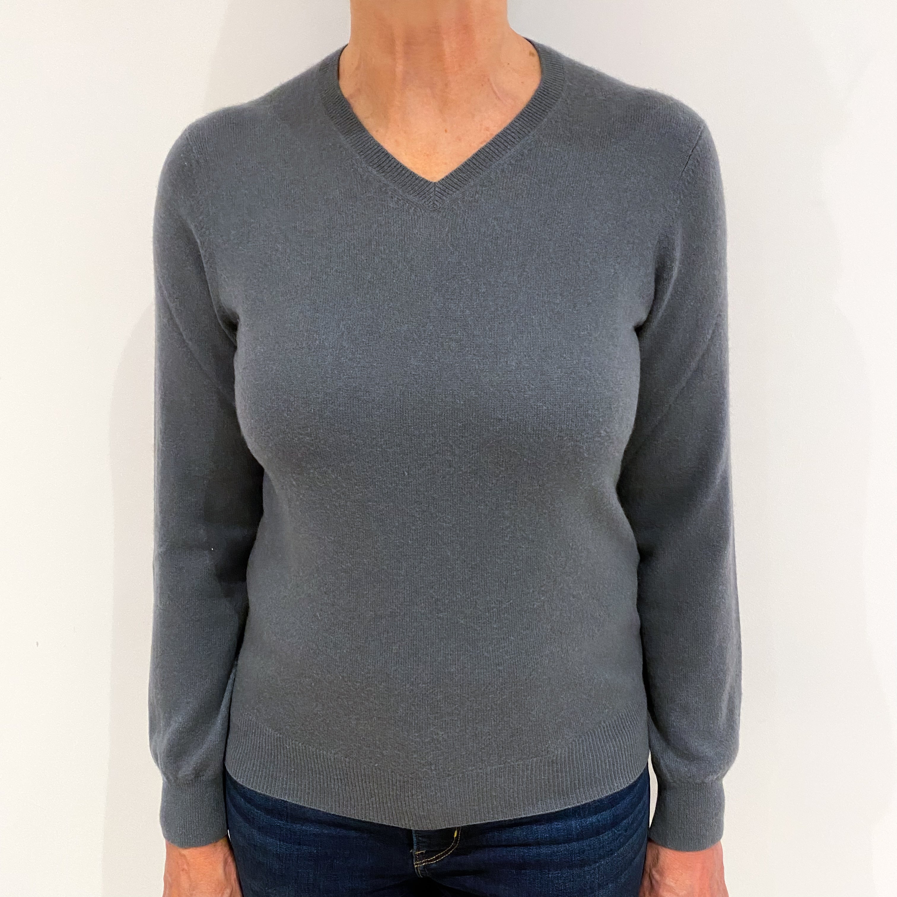 Slate Grey Cashmere V Neck Jumper Medium