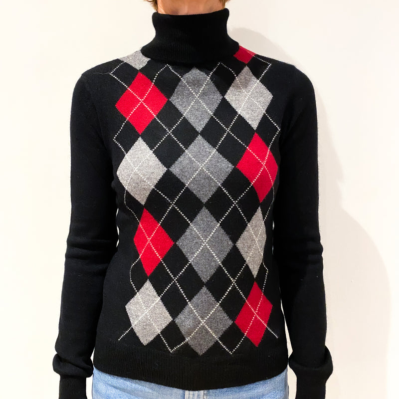 Black Grey and Red Argyle Cashmere Polo Neck Jumper Small