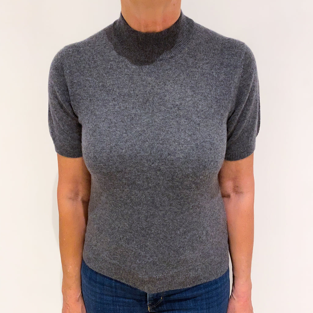 Smoke Grey Cashmere Short Sleeved Polo Neck Jumper Medium