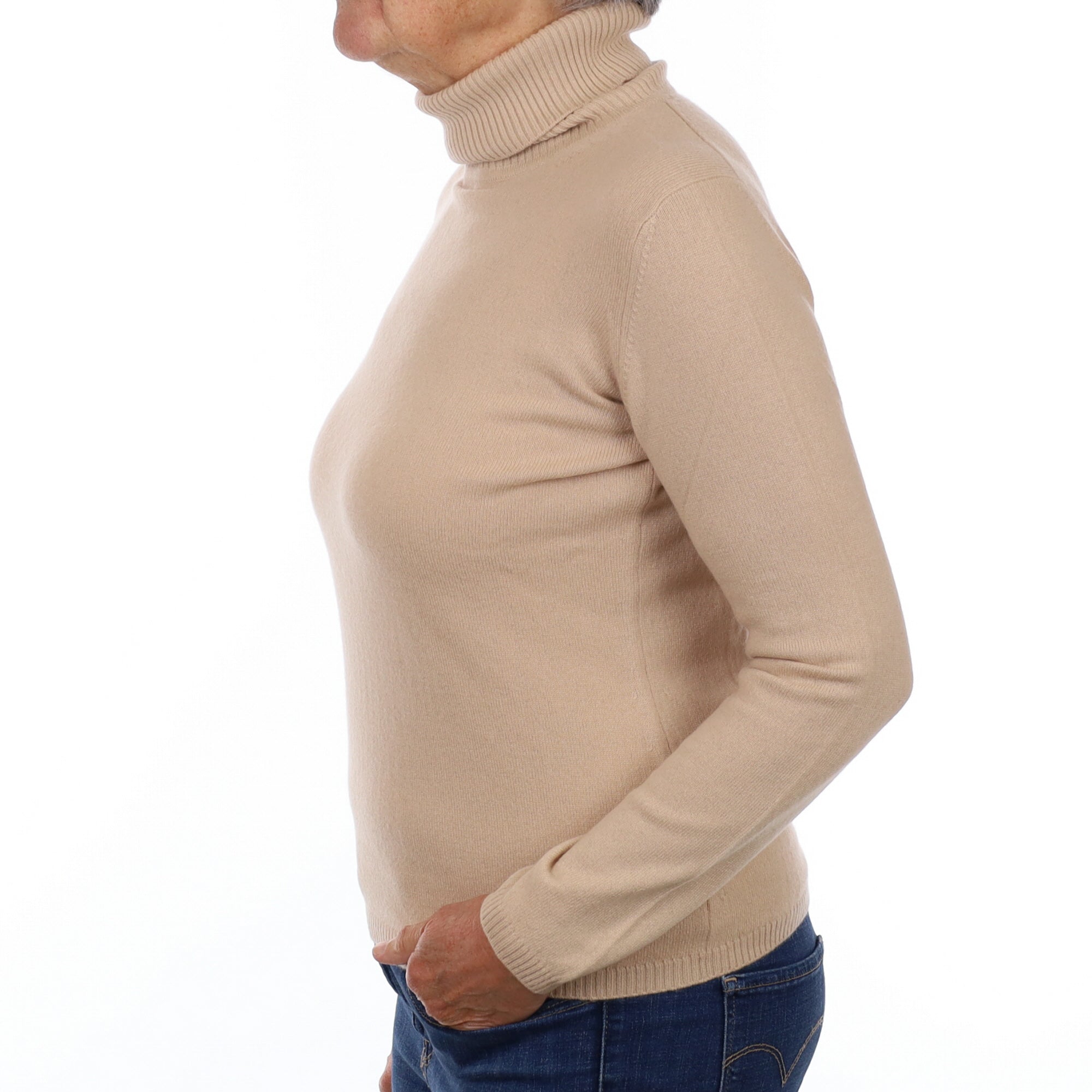 Buff Beige Cashmere Polo Neck Jumper Medium