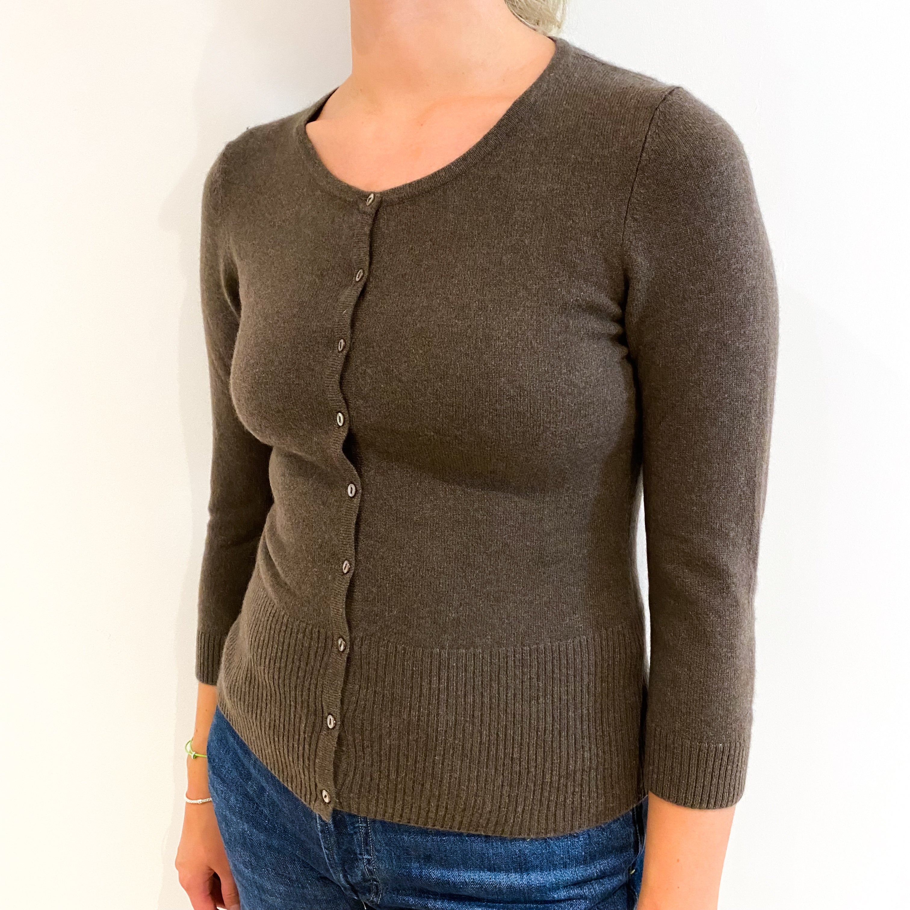 Mole Brown Cashmere Crew Neck Cardigan Small
