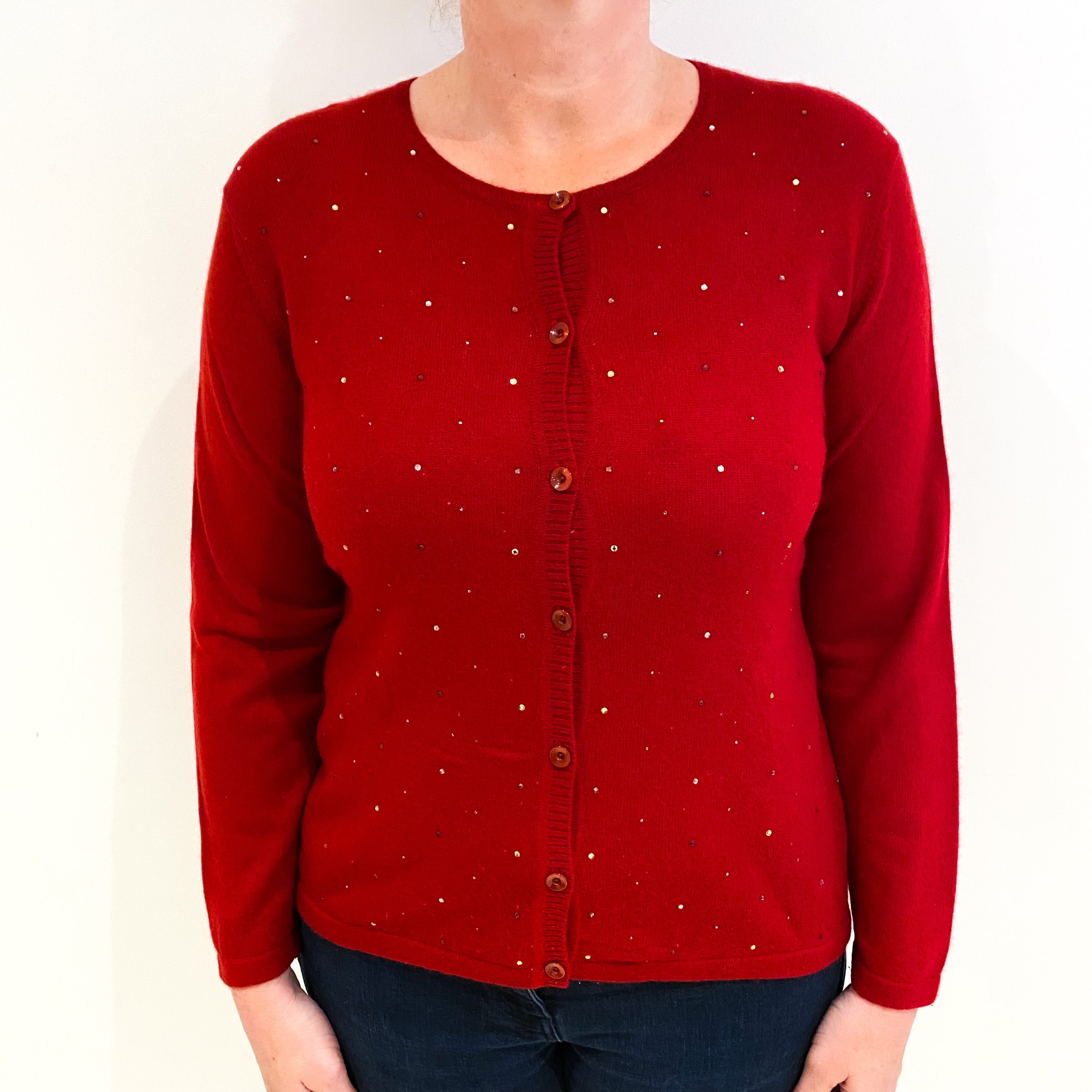 Scarlet Red Cashmere Crew Neck Cardigan Large