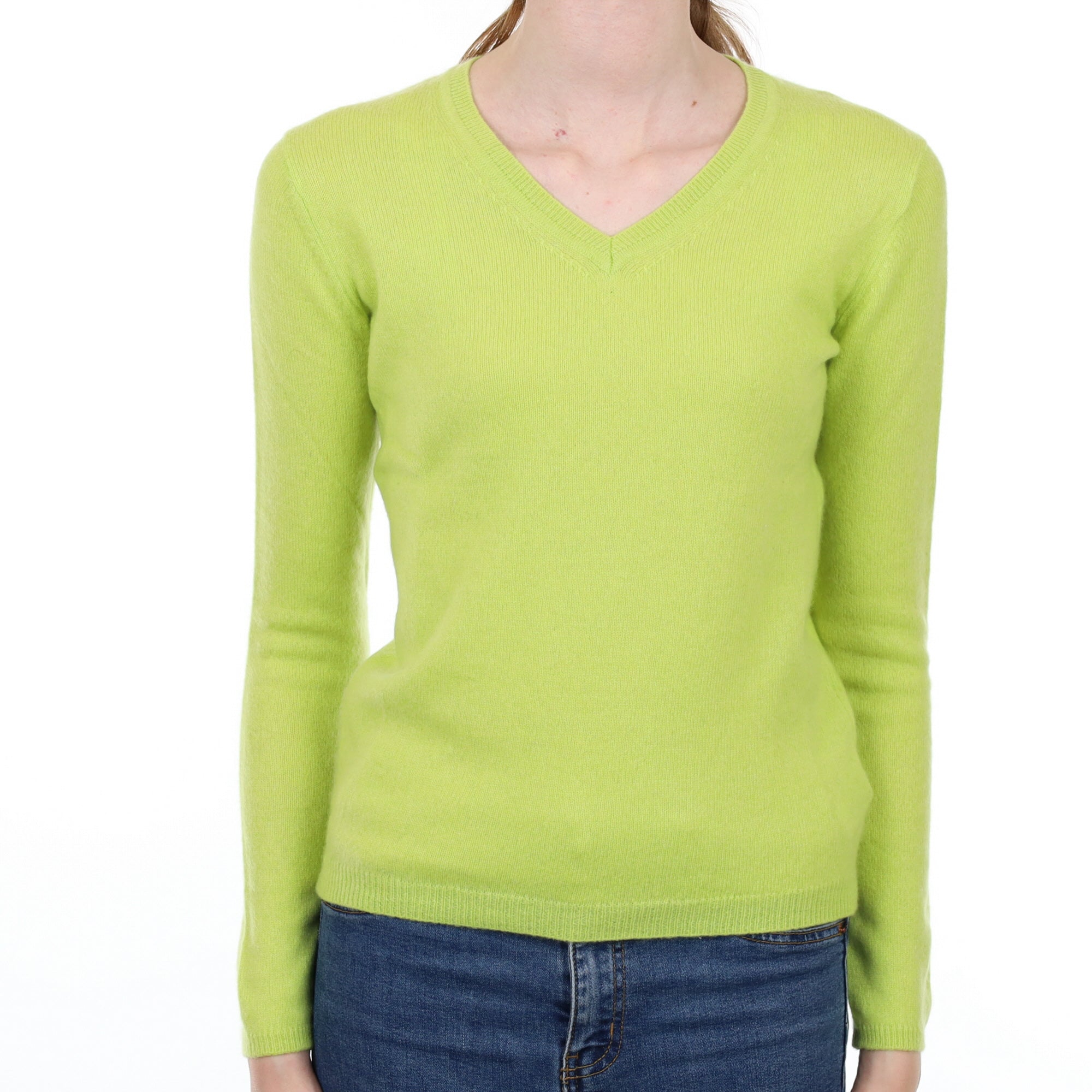 Lime Green Cashmere V Neck Jumper Extra Small