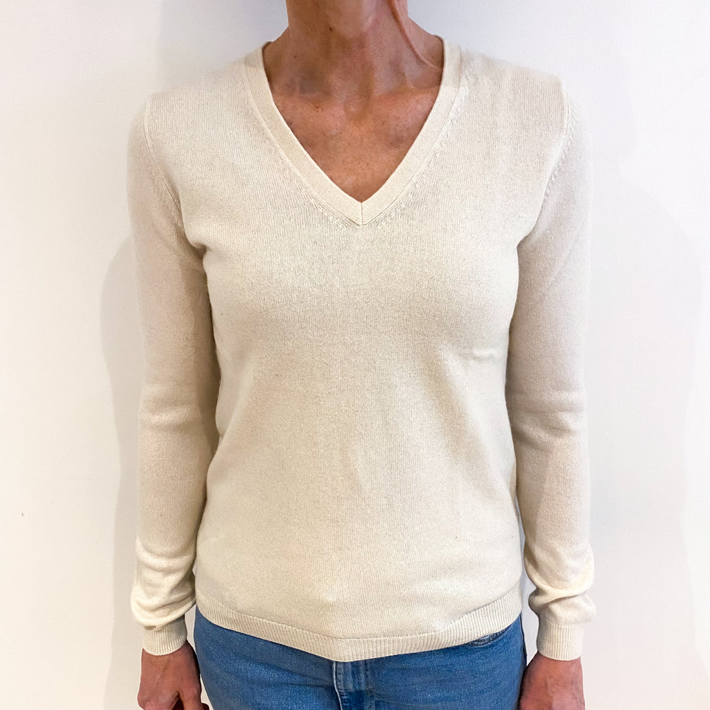 Vanilla Cream Cashmere V Neck Jumper Small