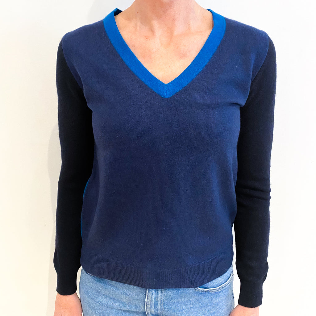 Blue Colour Block Cashmere V Neck Jumper Small