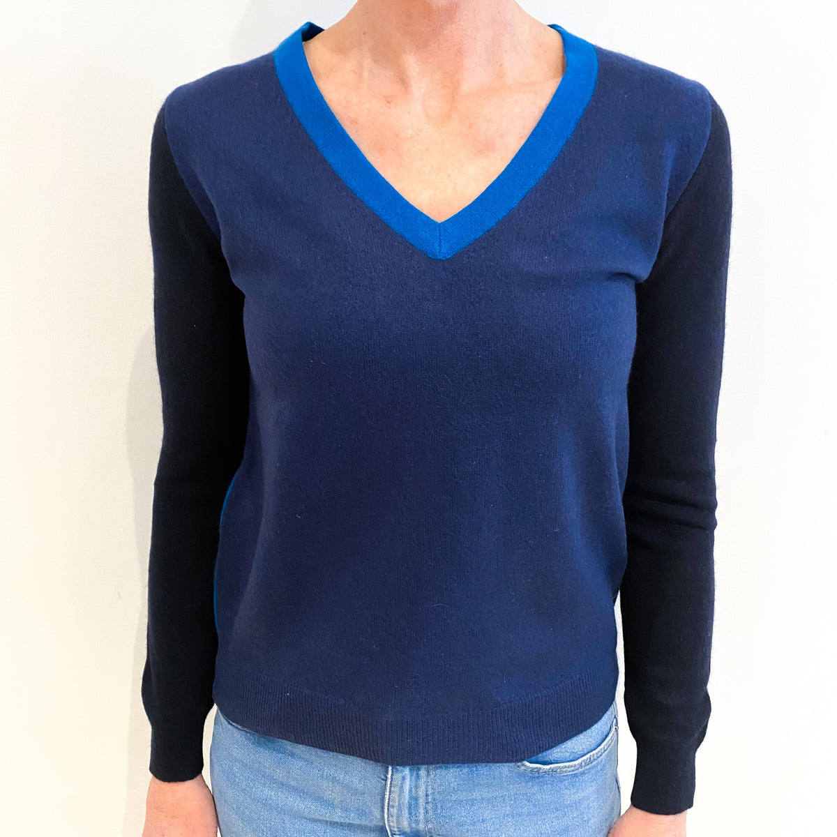 Blue Colour Block Cashmere V Neck Jumper Small