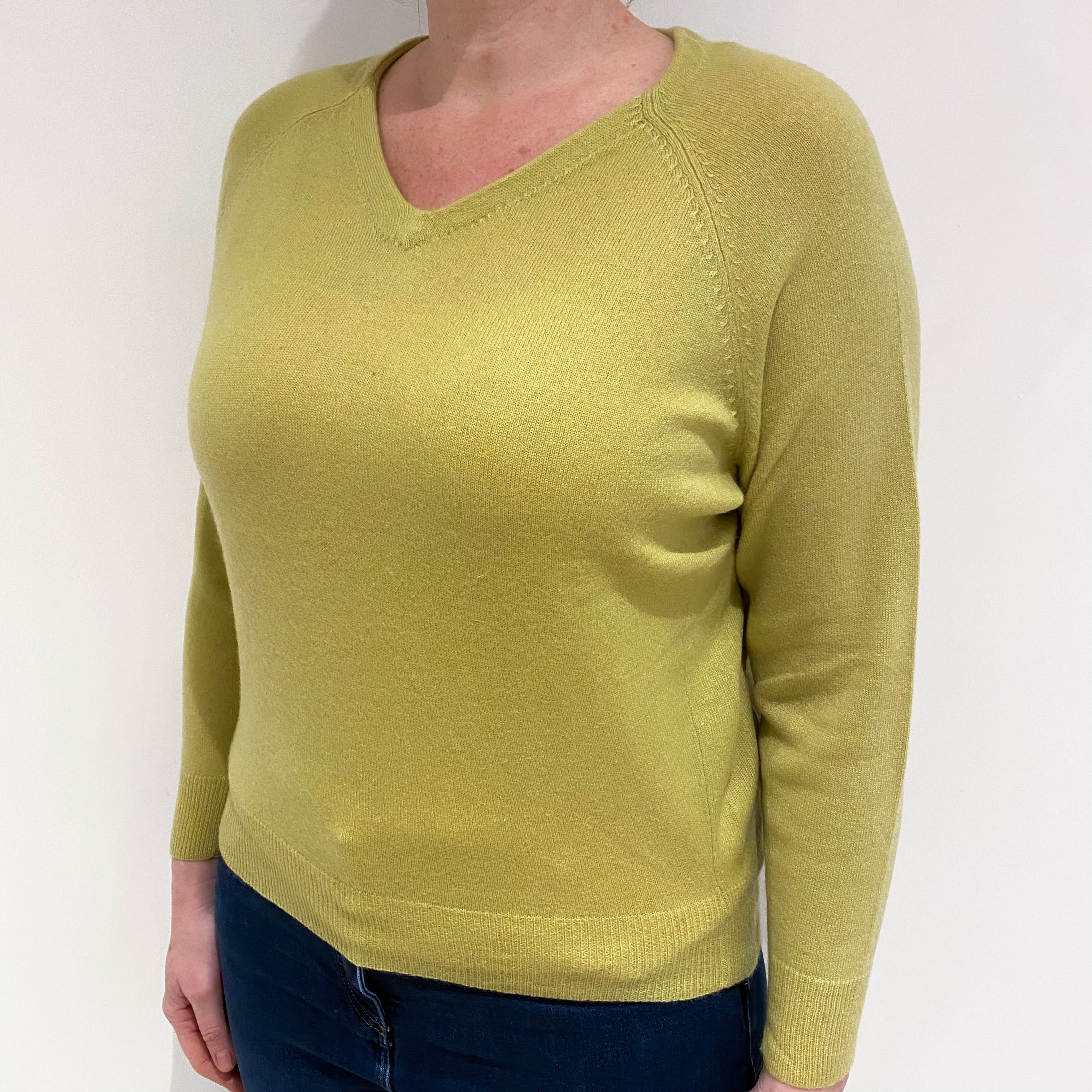 Avocado Green Cashmere V Neck Jumper Large