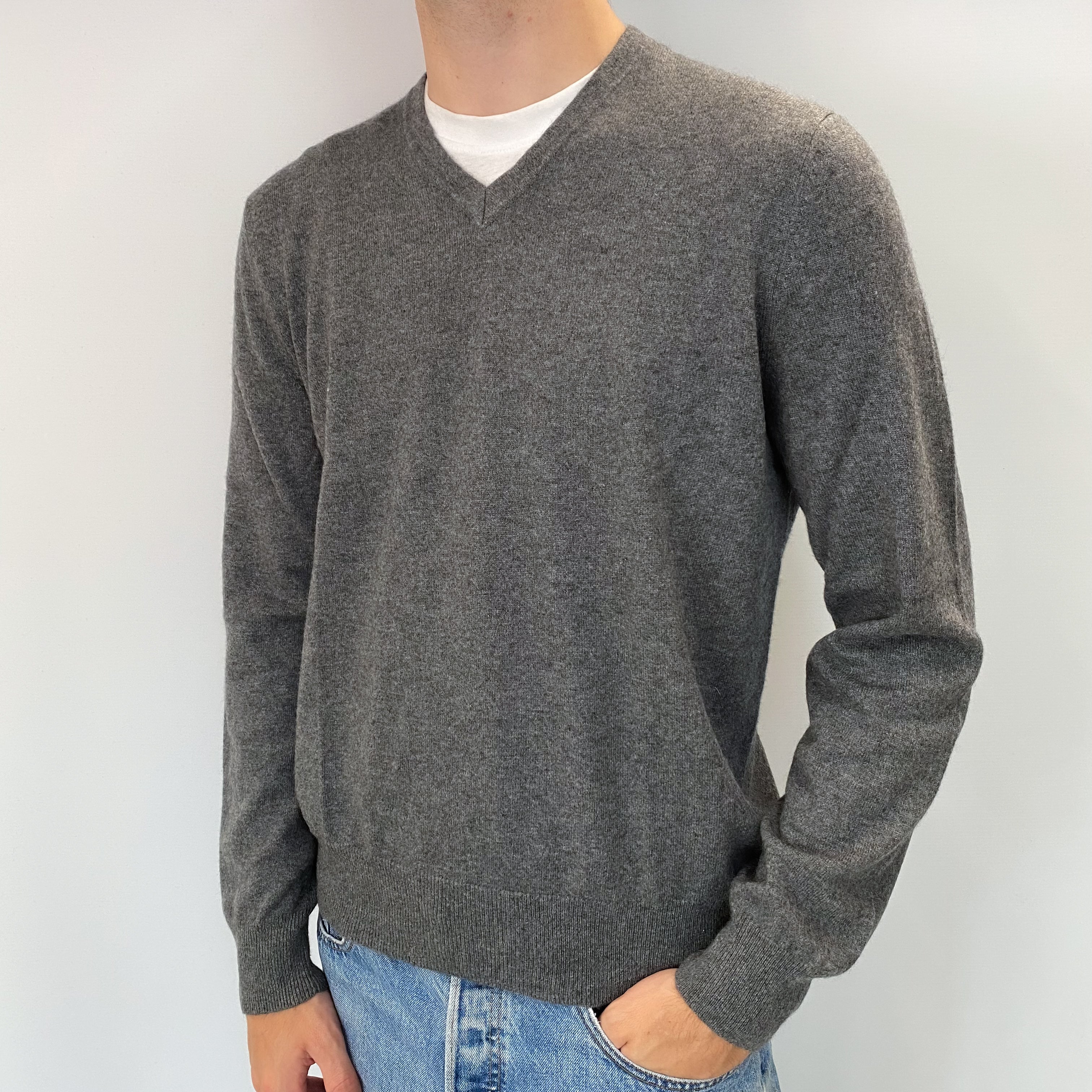 Men's Slate Grey Cashmere V Neck Jumper Large