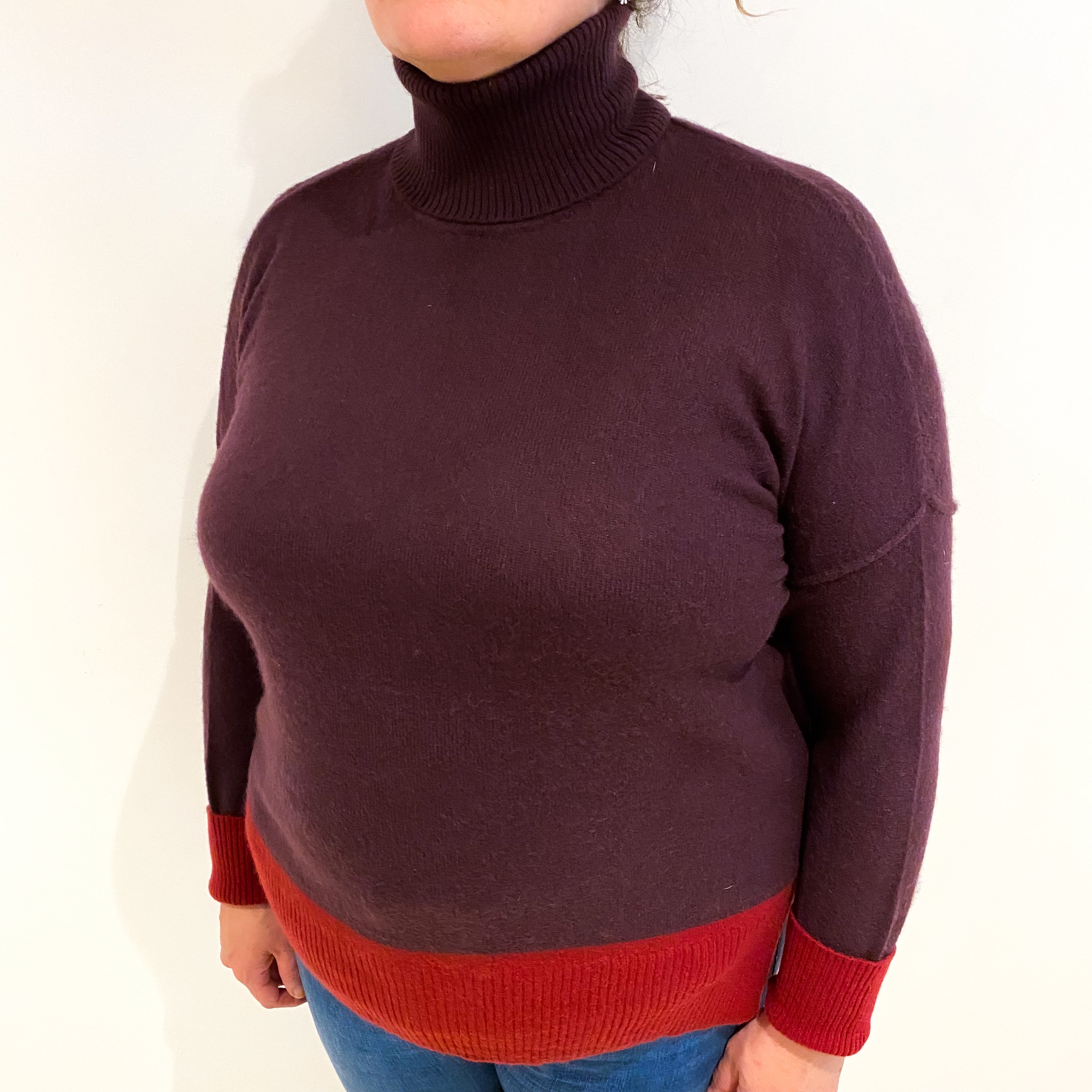 Mahogany Burgundy Trim Cashmere Polo Neck Jumper Extra Large