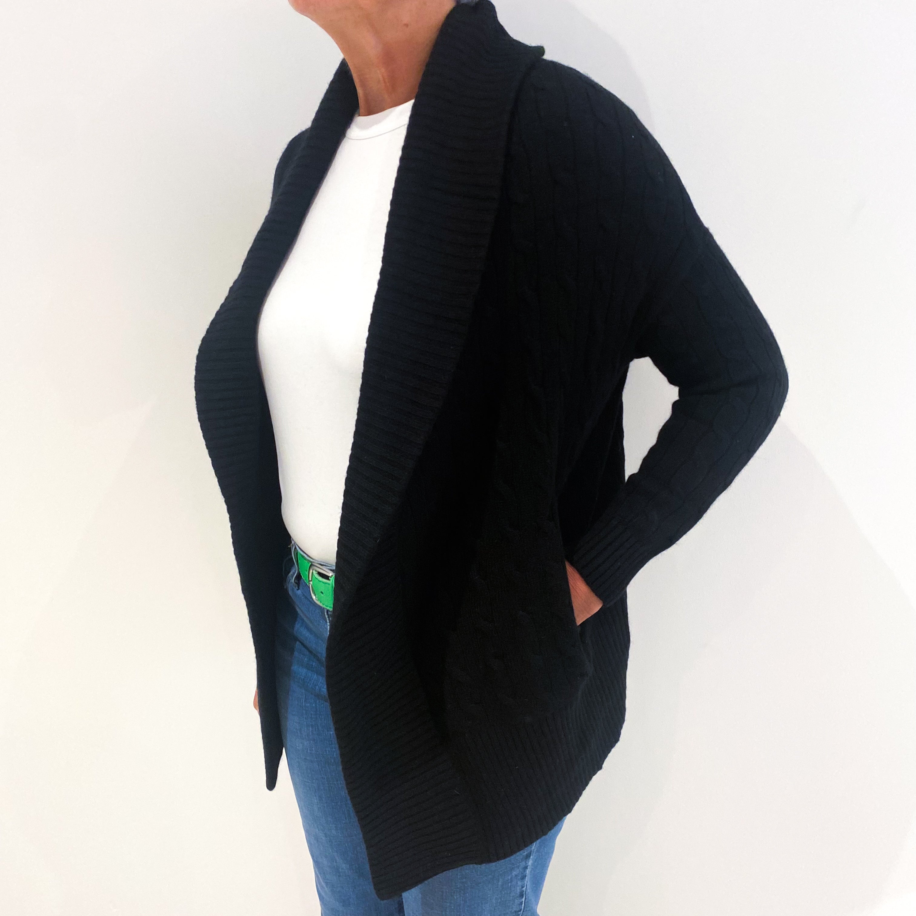 Ralph Lauren Black Chunky Cable Knit Cashmere Edge To Edge Cardigan Medium