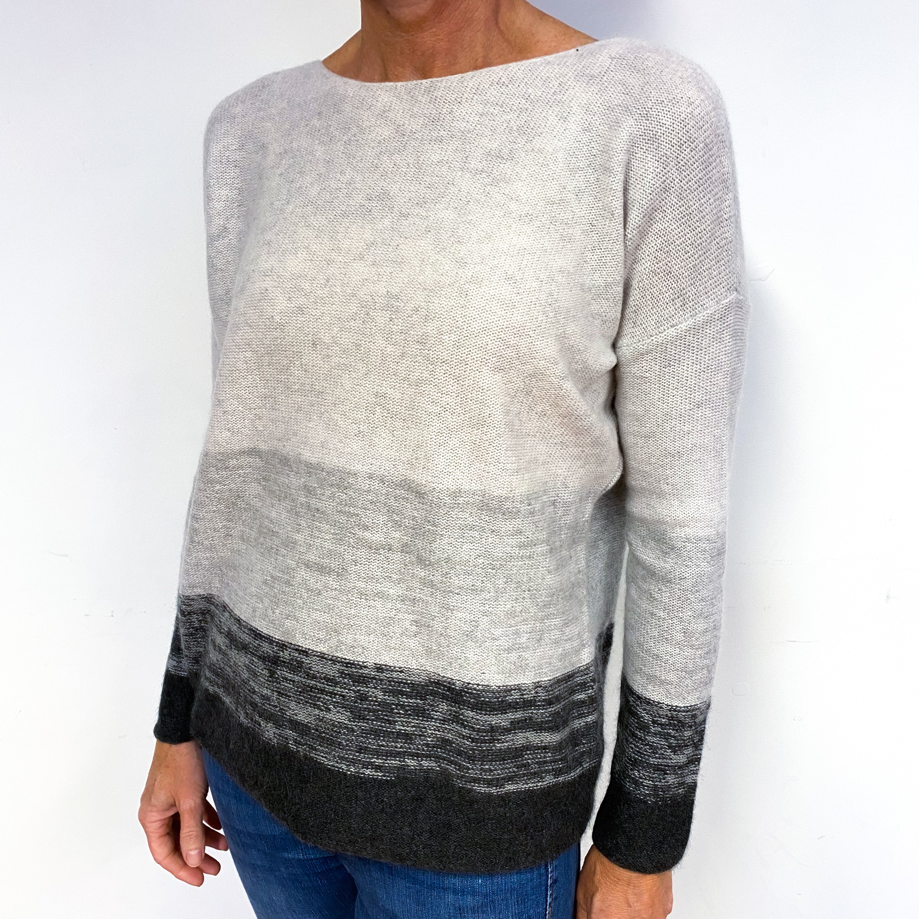 Grey Colour Block Cashmere Crew Neck Jumper Medium
