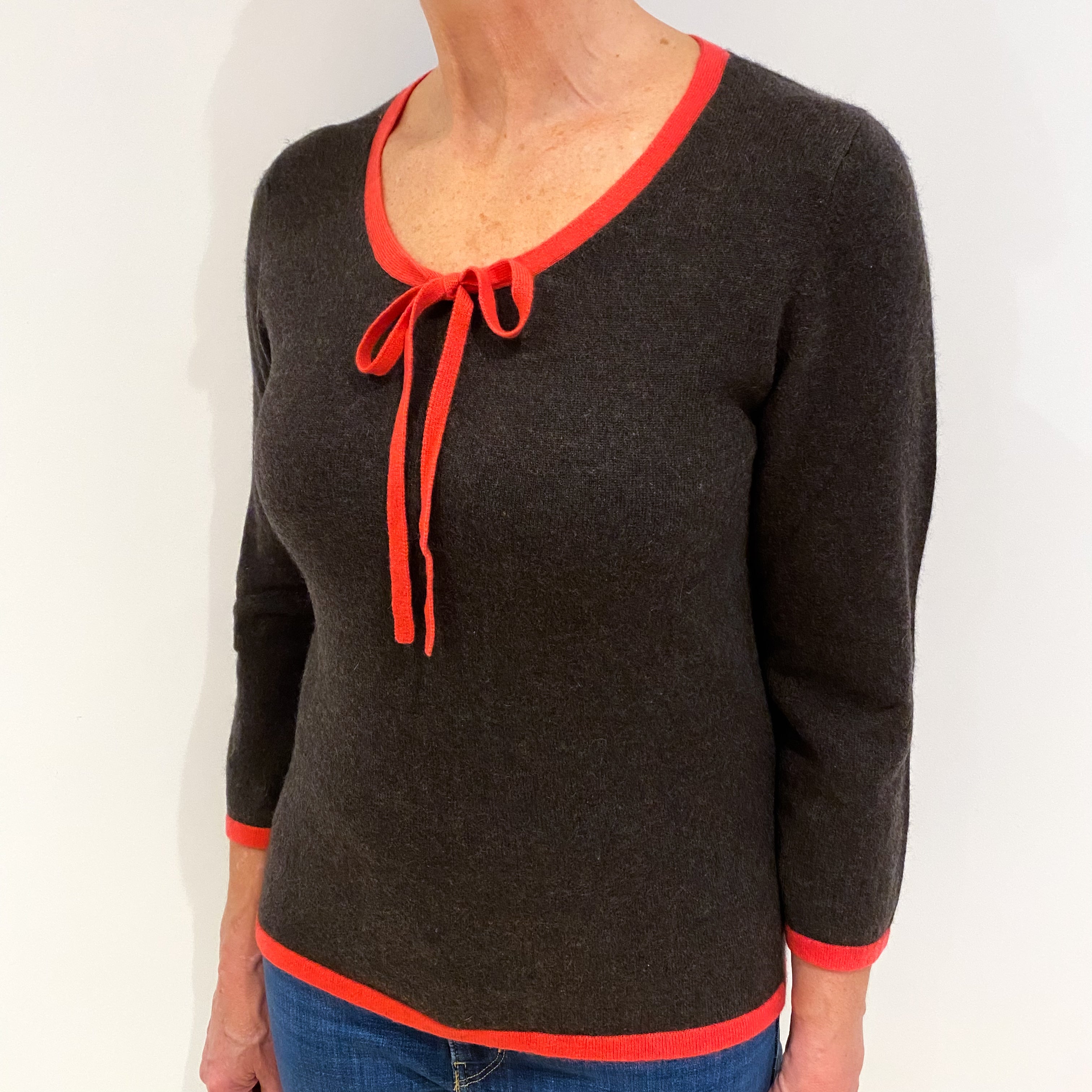 Peppercorn Brown Pink Trim Cashmere Crew Neck Jumper Medium