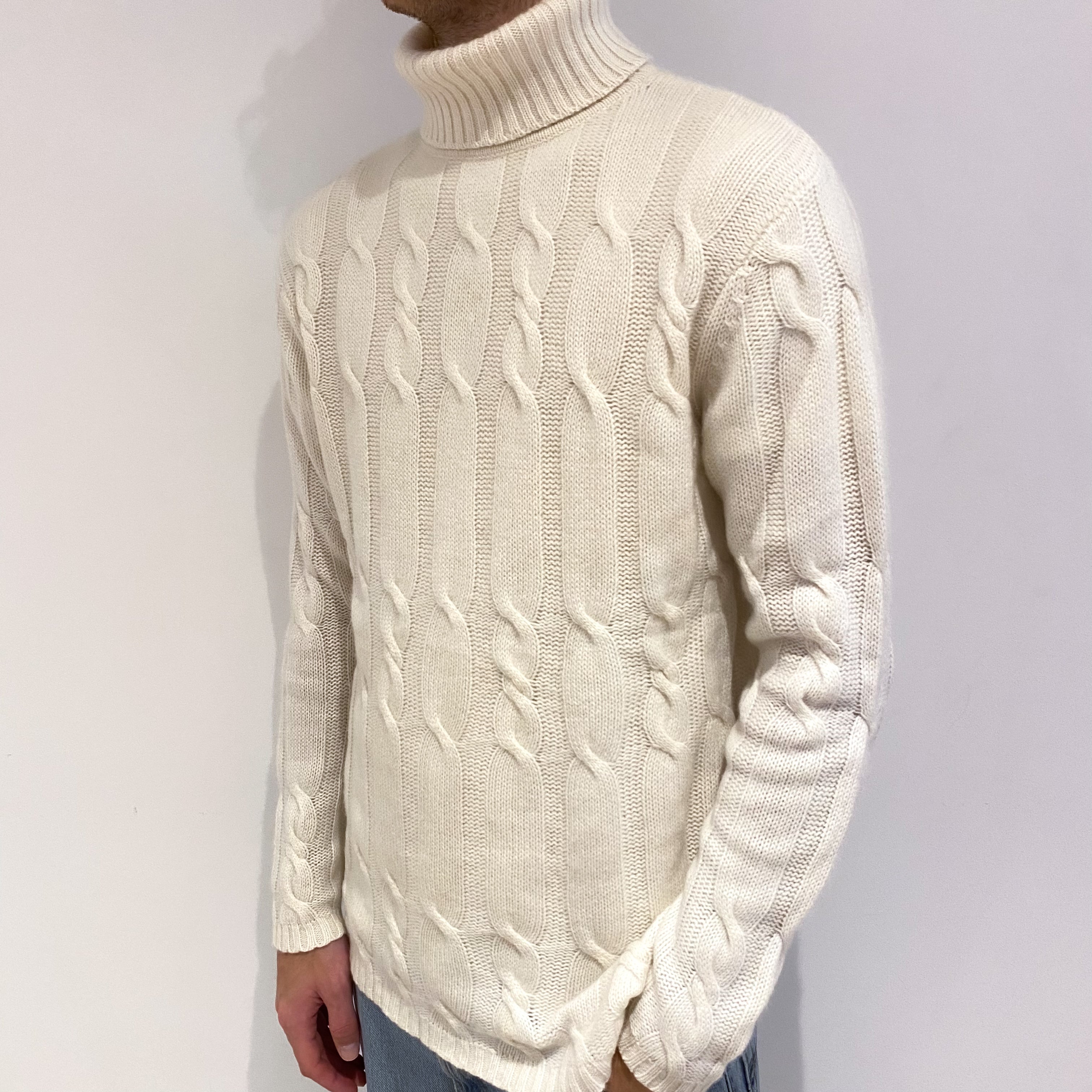 Men's Yorn Cream Cashmere Polo Neck Jumper Large