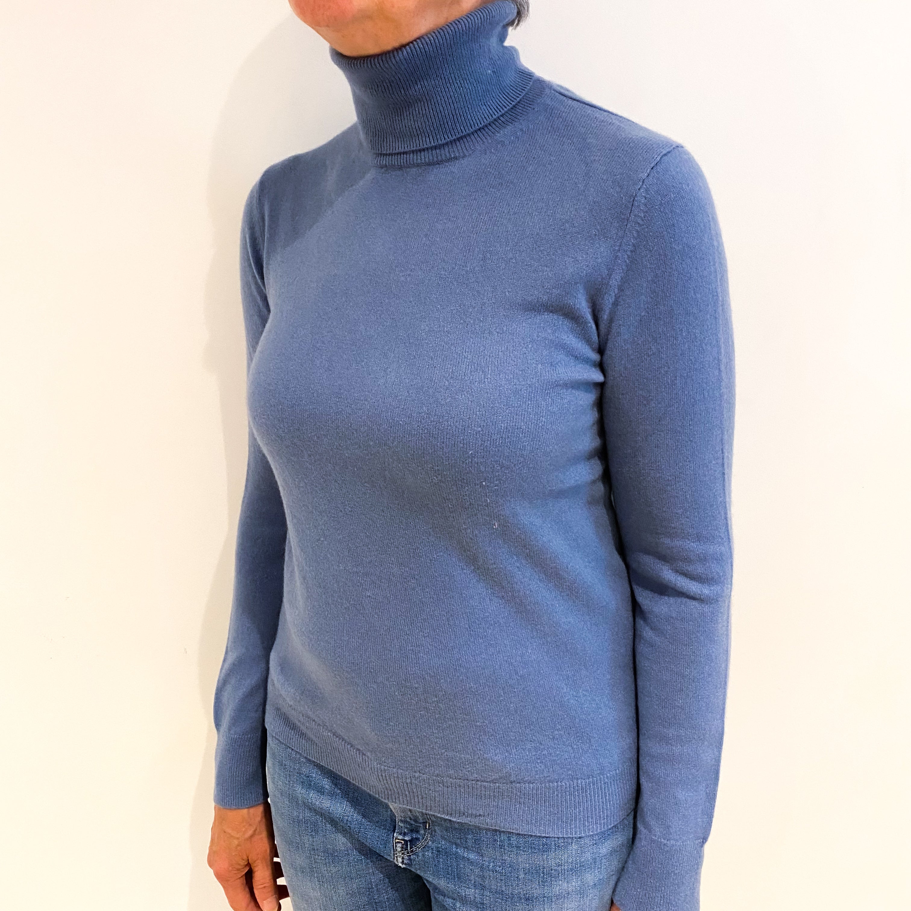 Denim Blue Cashmere Polo Neck Jumper Medium