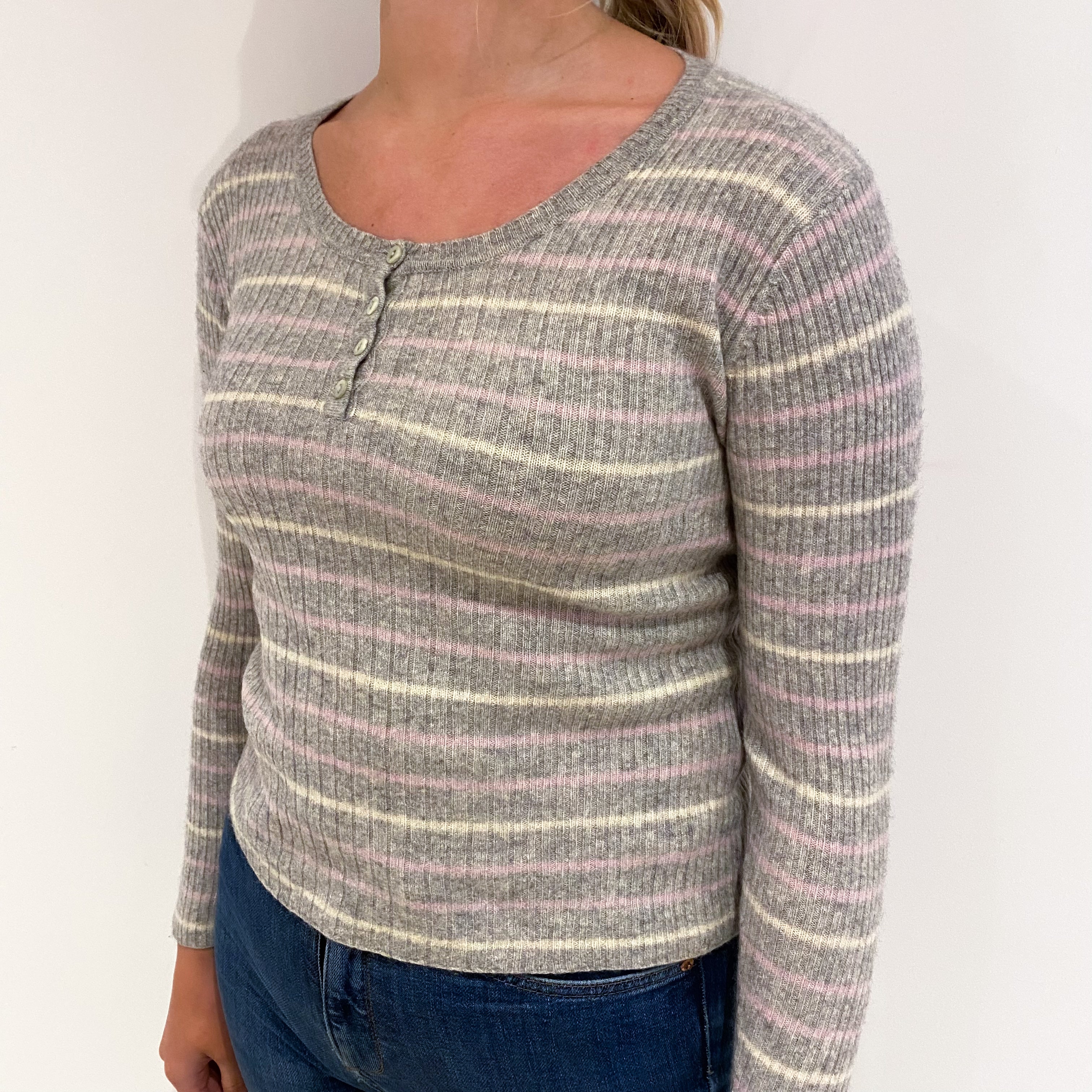 Smoke Grey Striped Cashmere Scoop Neck Jumper Small