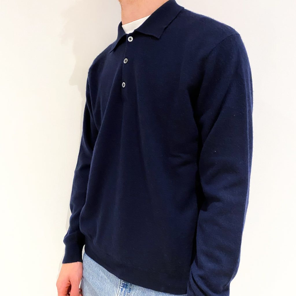 Men's Navy Blue Cashmere 1/4 Button Collared Jumper Large