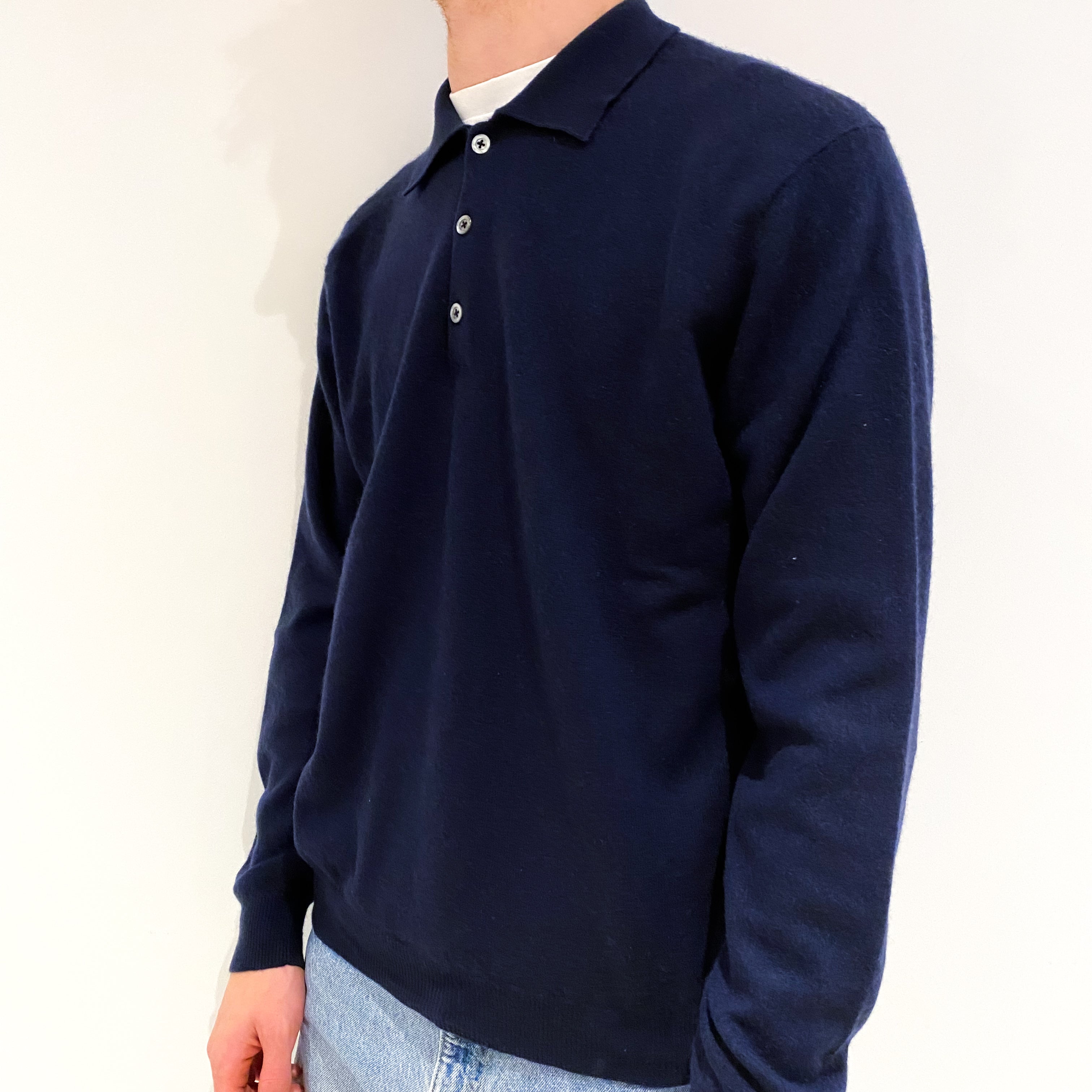 Men's Navy Blue Cashmere 1/4 Button Collared Jumper Large