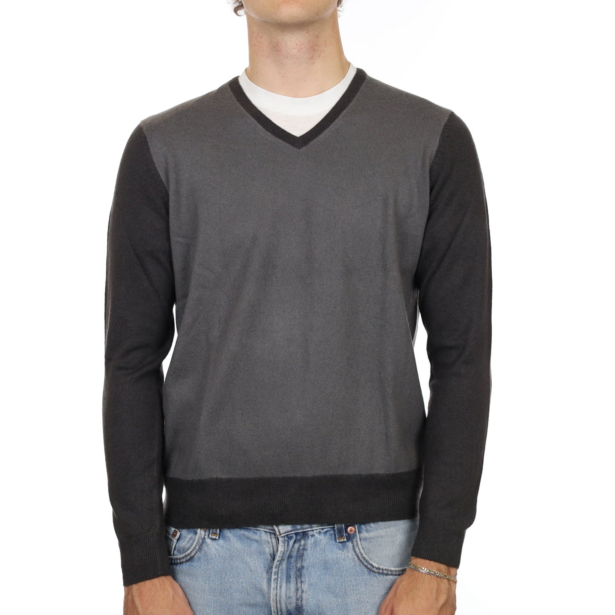 Men's Grey Colour Block  Cashmere V Neck Jumper Medium