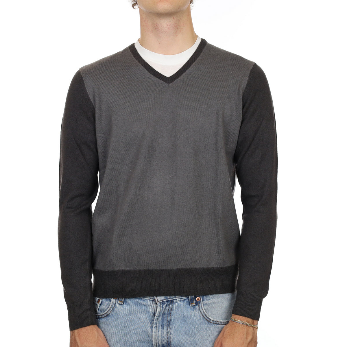 Men's Grey Colour Block  Cashmere V Neck Jumper Medium