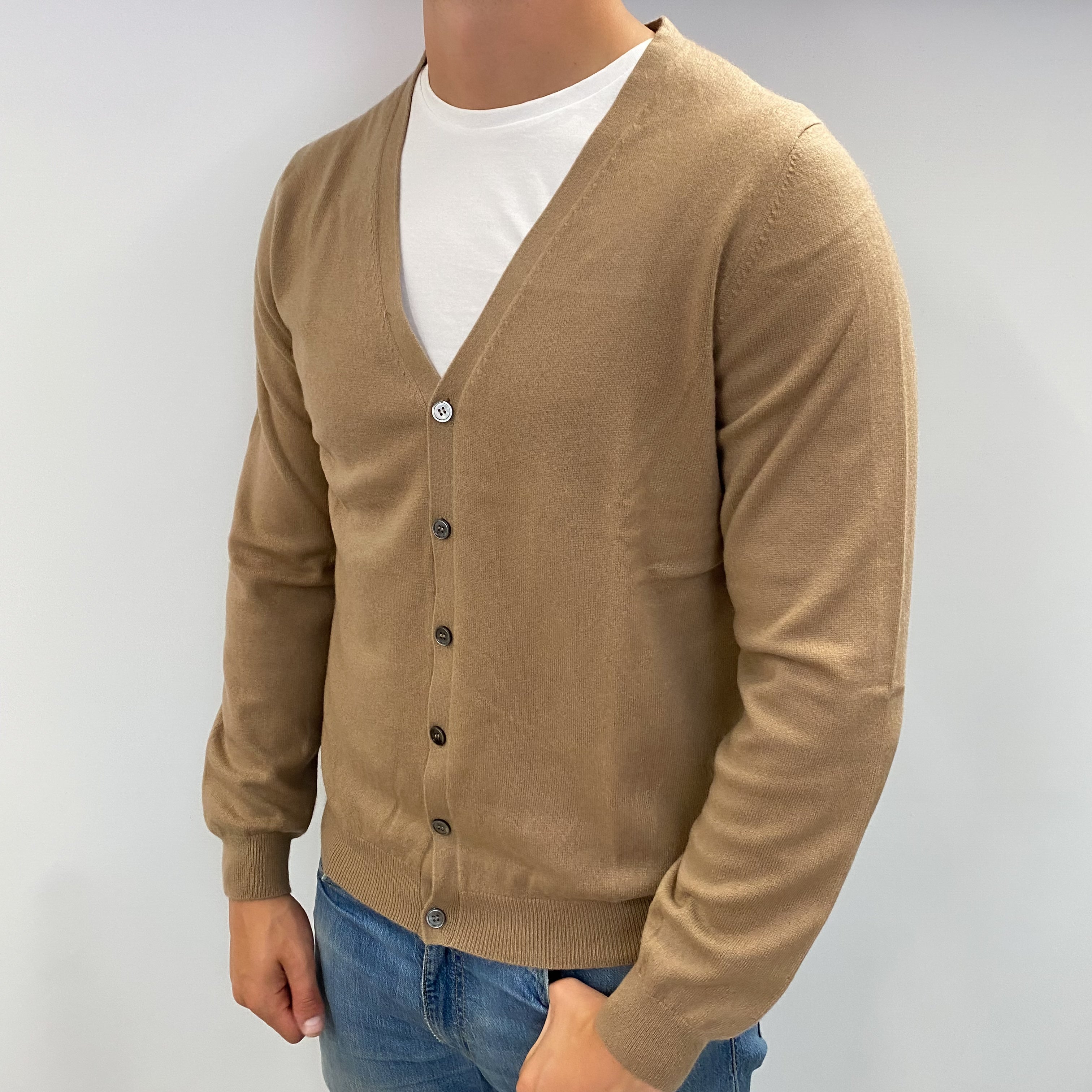 Men's Toffee Brown Cashmere V Neck Cardigan XL
