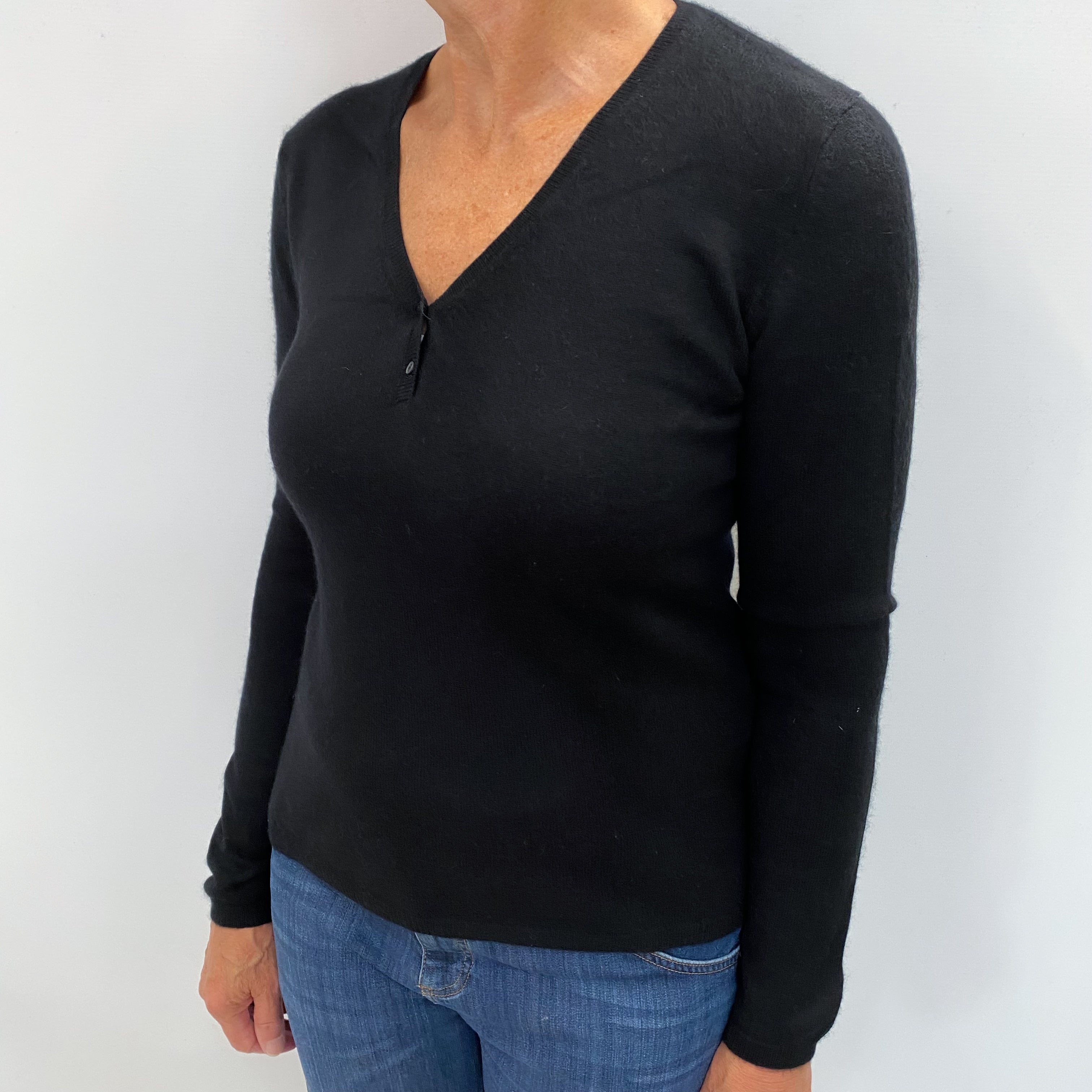Black Cashmere Button Up V Neck Jumper Medium
