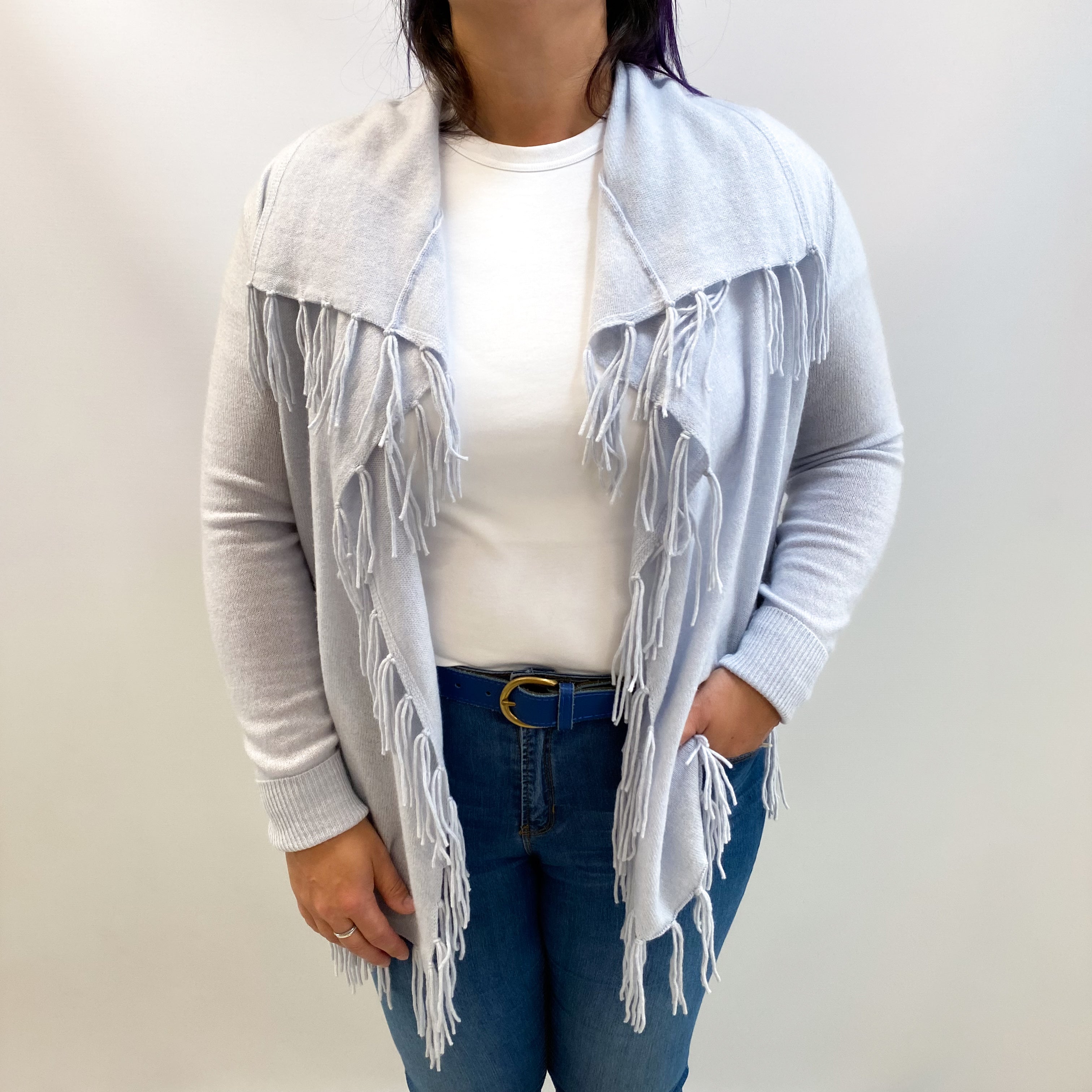 Ice Blue Cashmere Waterfall Edge Fringed Cardigan Large