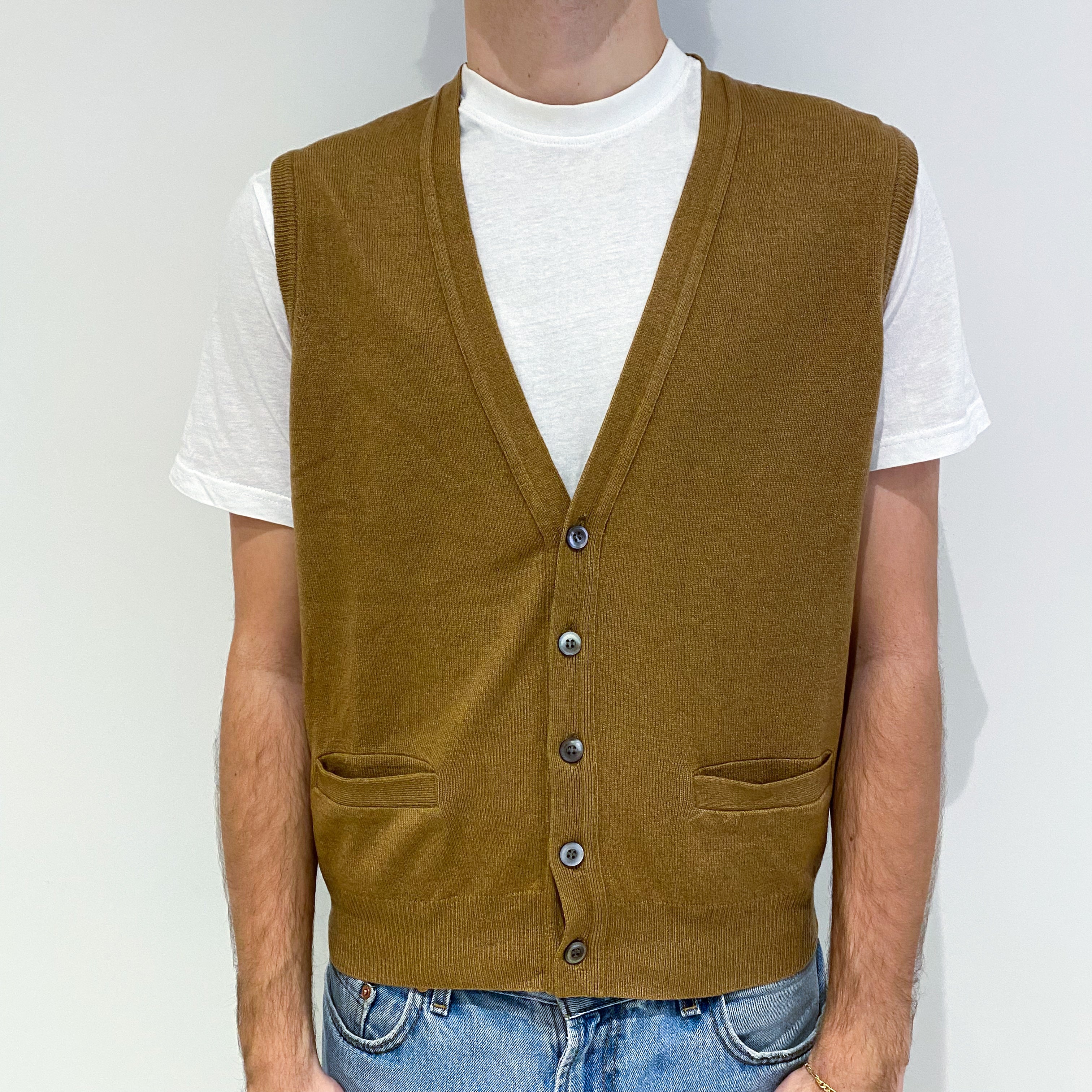 Men's Butterscotch Brown Cashmere V-Neck Waist Coat Large