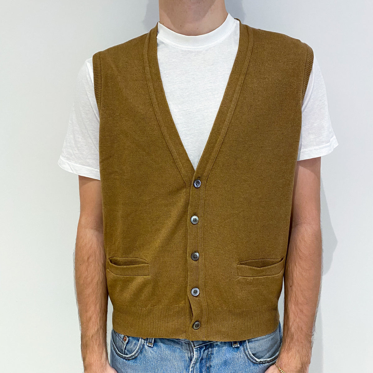 Men's Butterscotch Brown Cashmere V-Neck Waist Coat Large