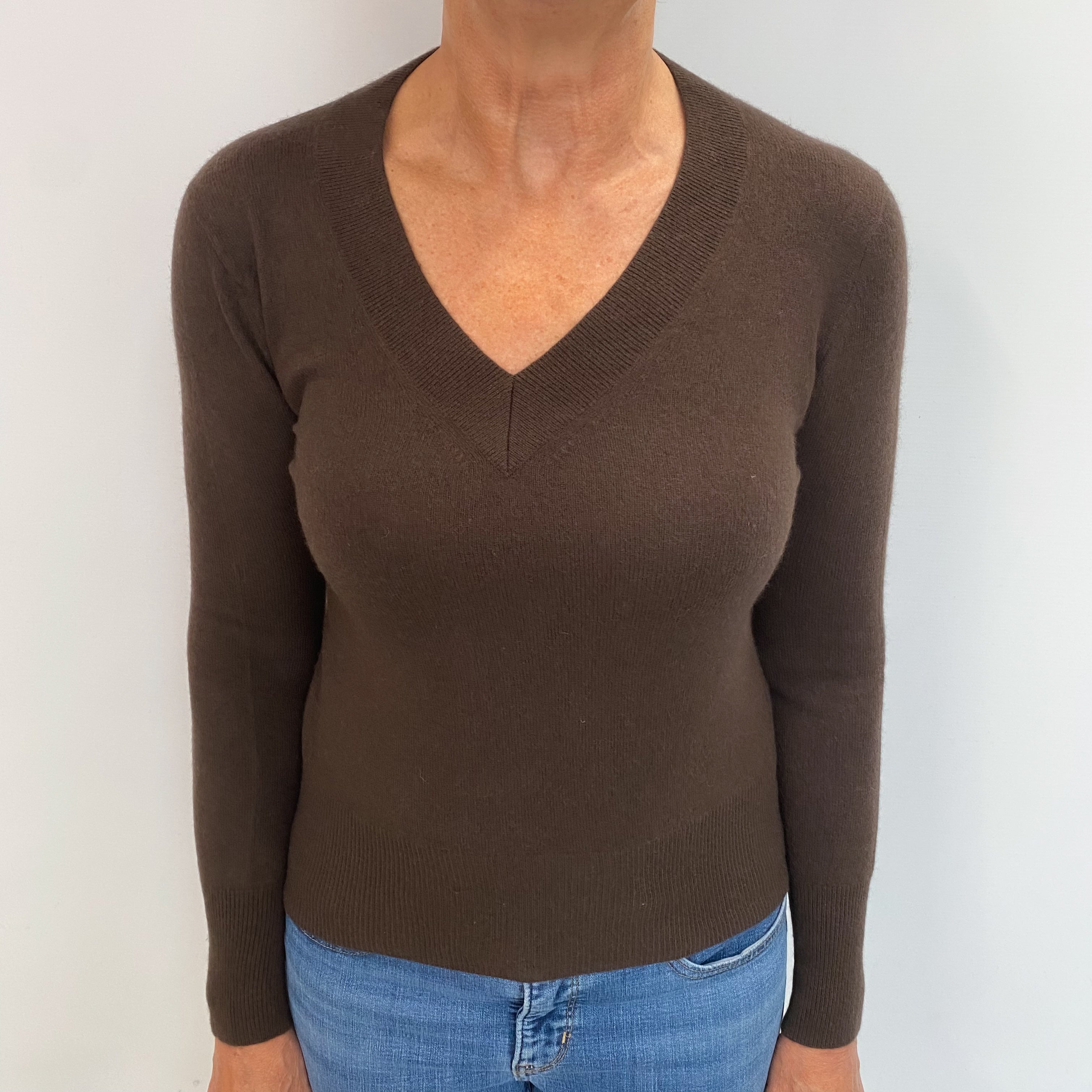 Chocolate Brown Cashmere V Neck Jumper Medium