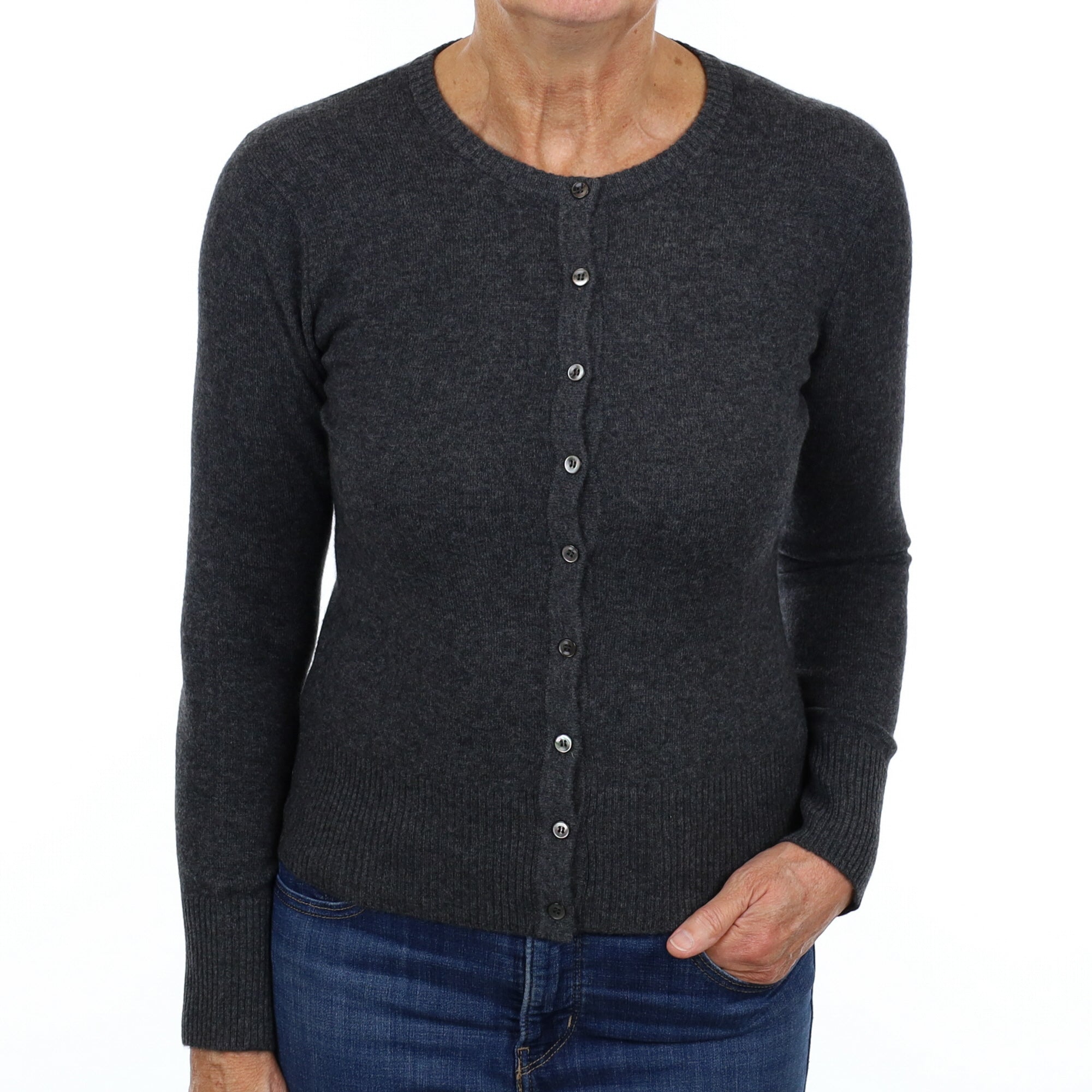 New Charcoal Grey Cashmere Crew Neck Cardigan Medium