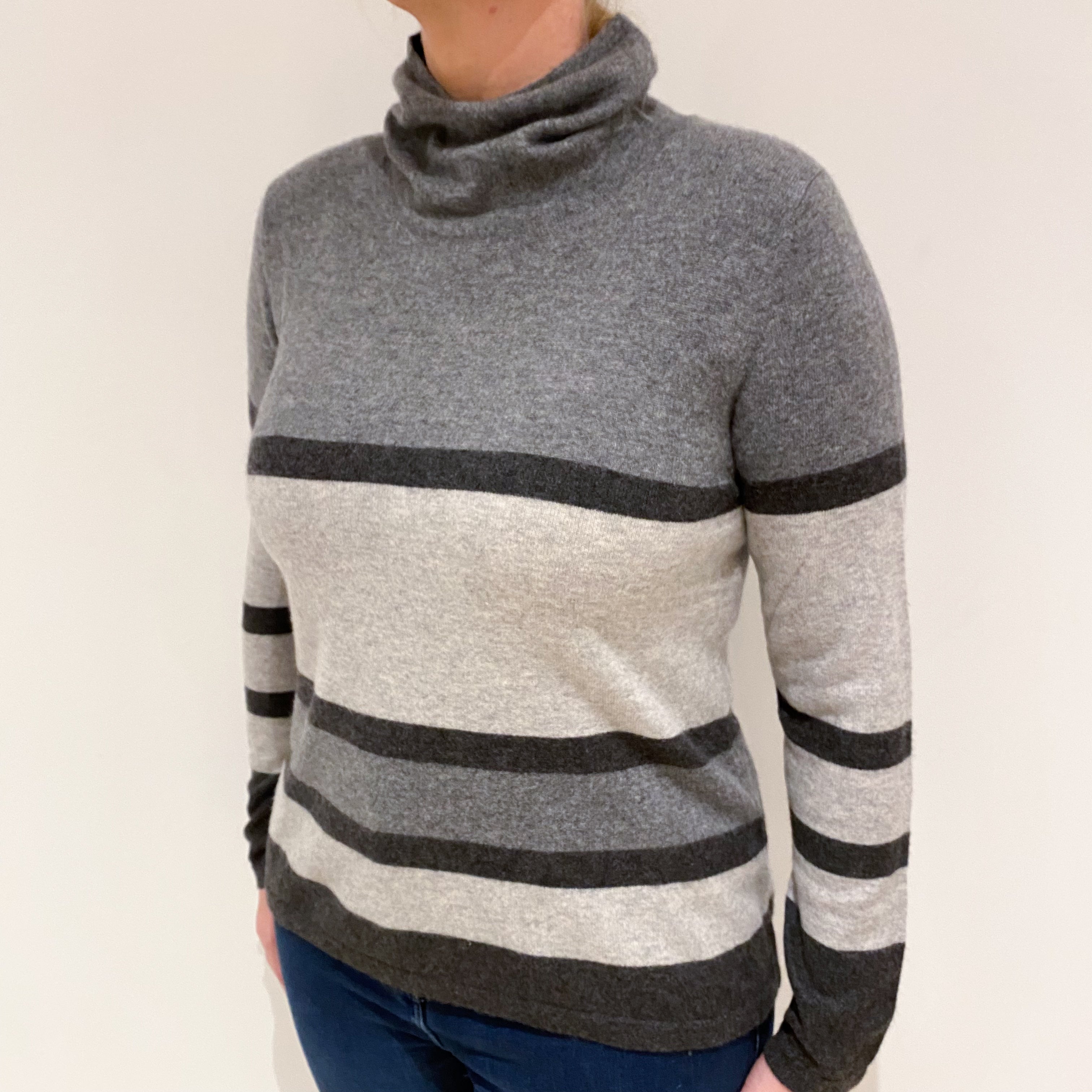 Grey Stripe Cashmere Funnel Neck Jumper Large