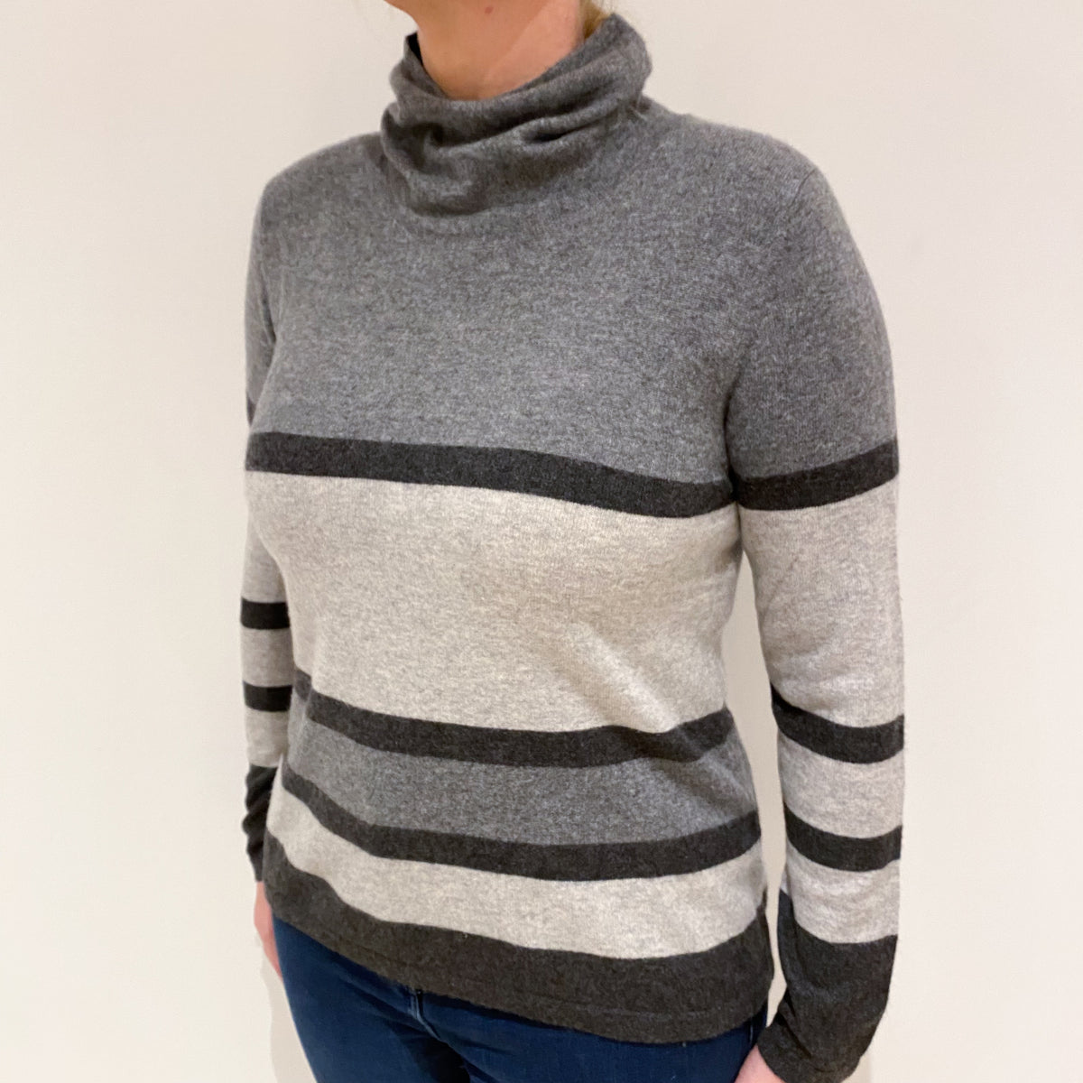 Grey Stripe Cashmere Funnel Neck Jumper Large