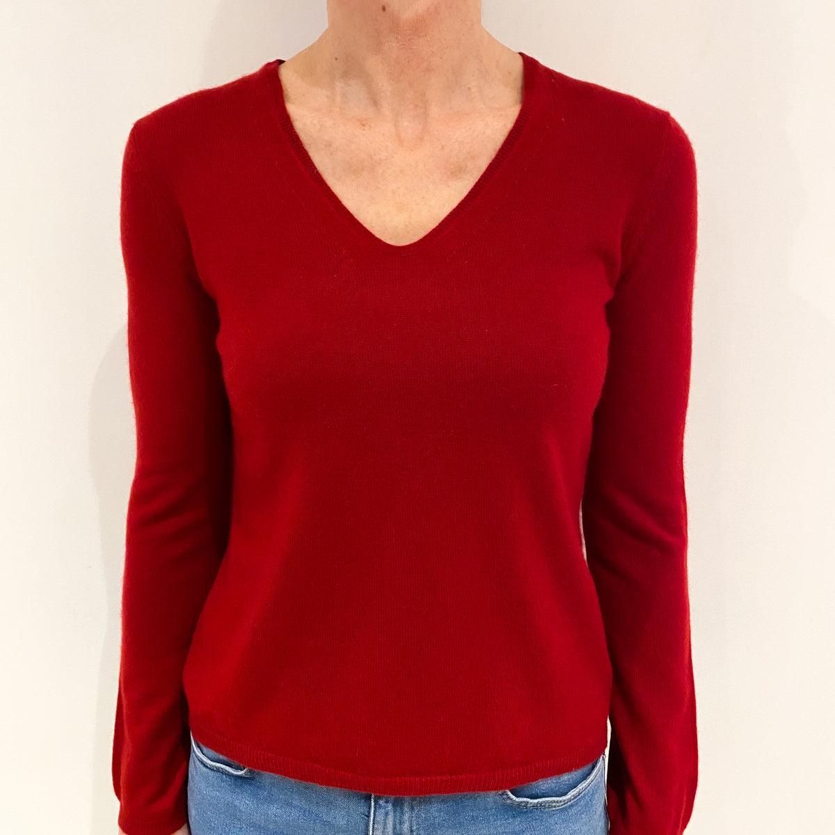 Post Box Red Cashmere V Neck Jumper Small