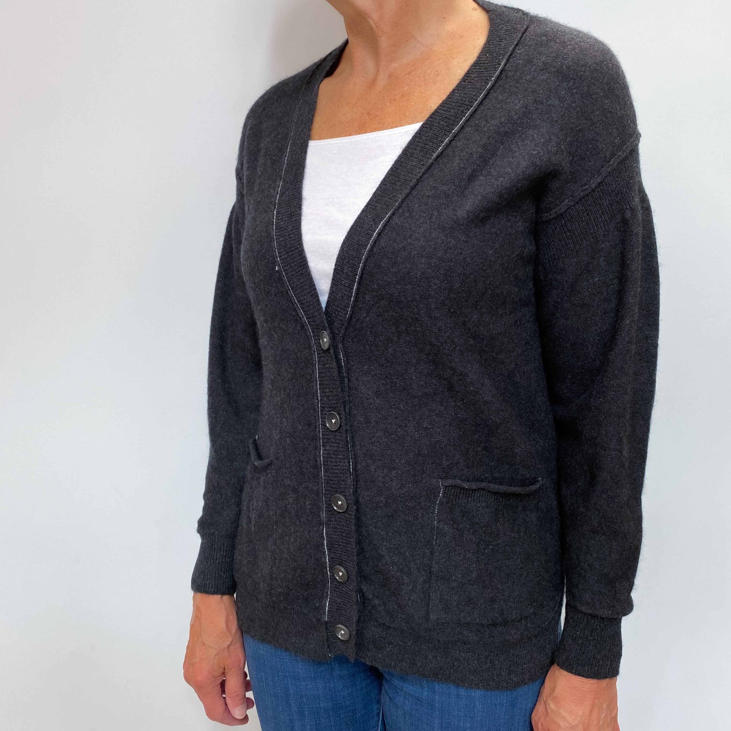 Charcoal Grey Cashmere V Neck Cardigan Medium