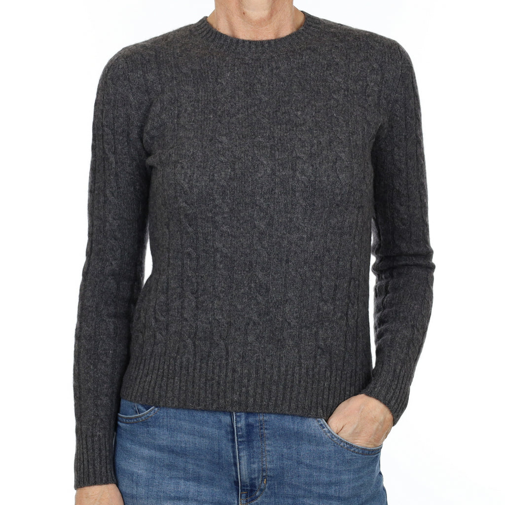 Slate Grey Cable Cashmere Crew Neck Jumper Small