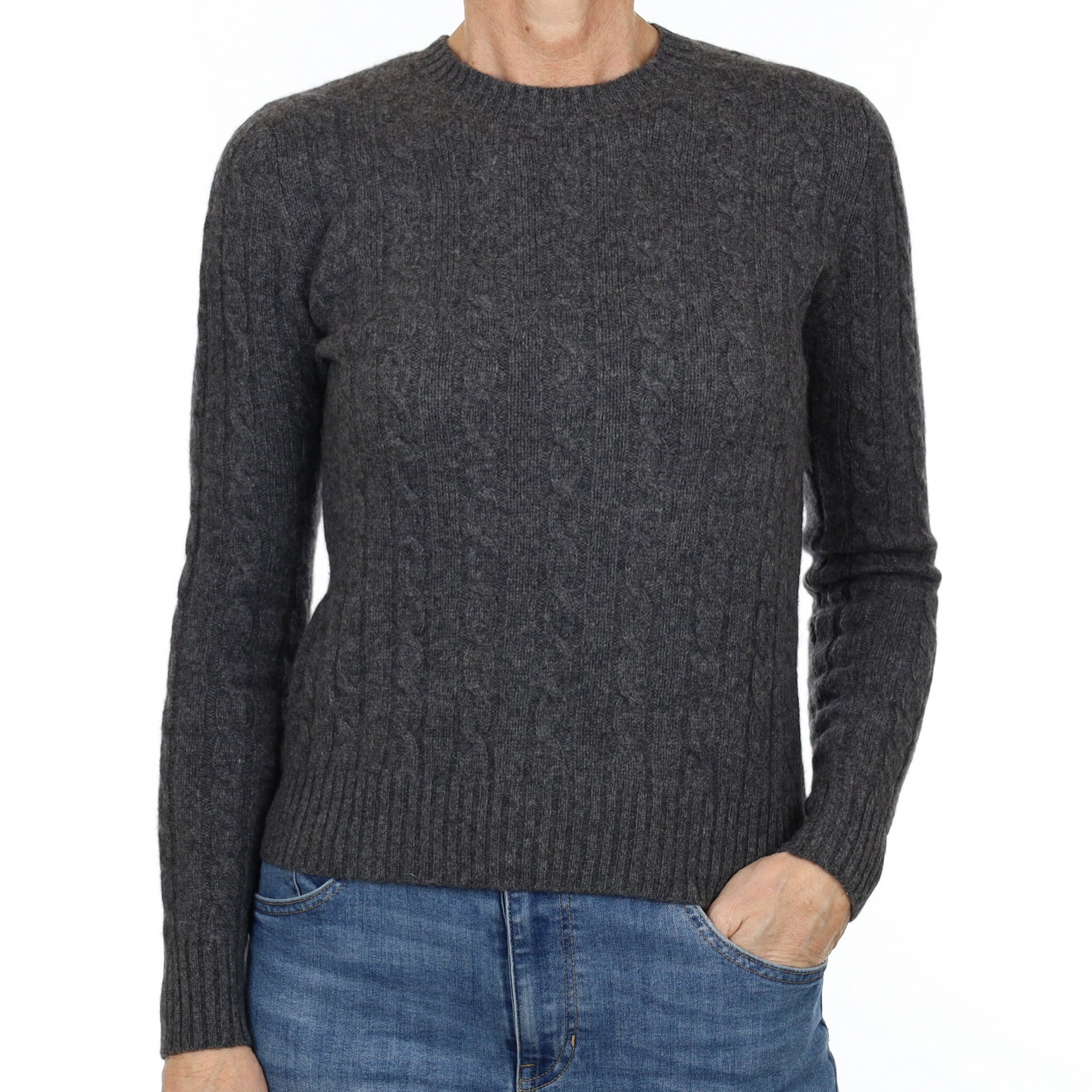 Slate Grey Cable Cashmere Crew Neck Jumper Small
