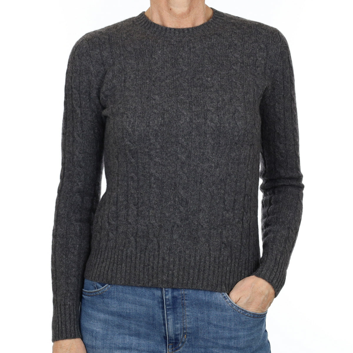 Slate Grey Cable Cashmere Crew Neck Jumper Small
