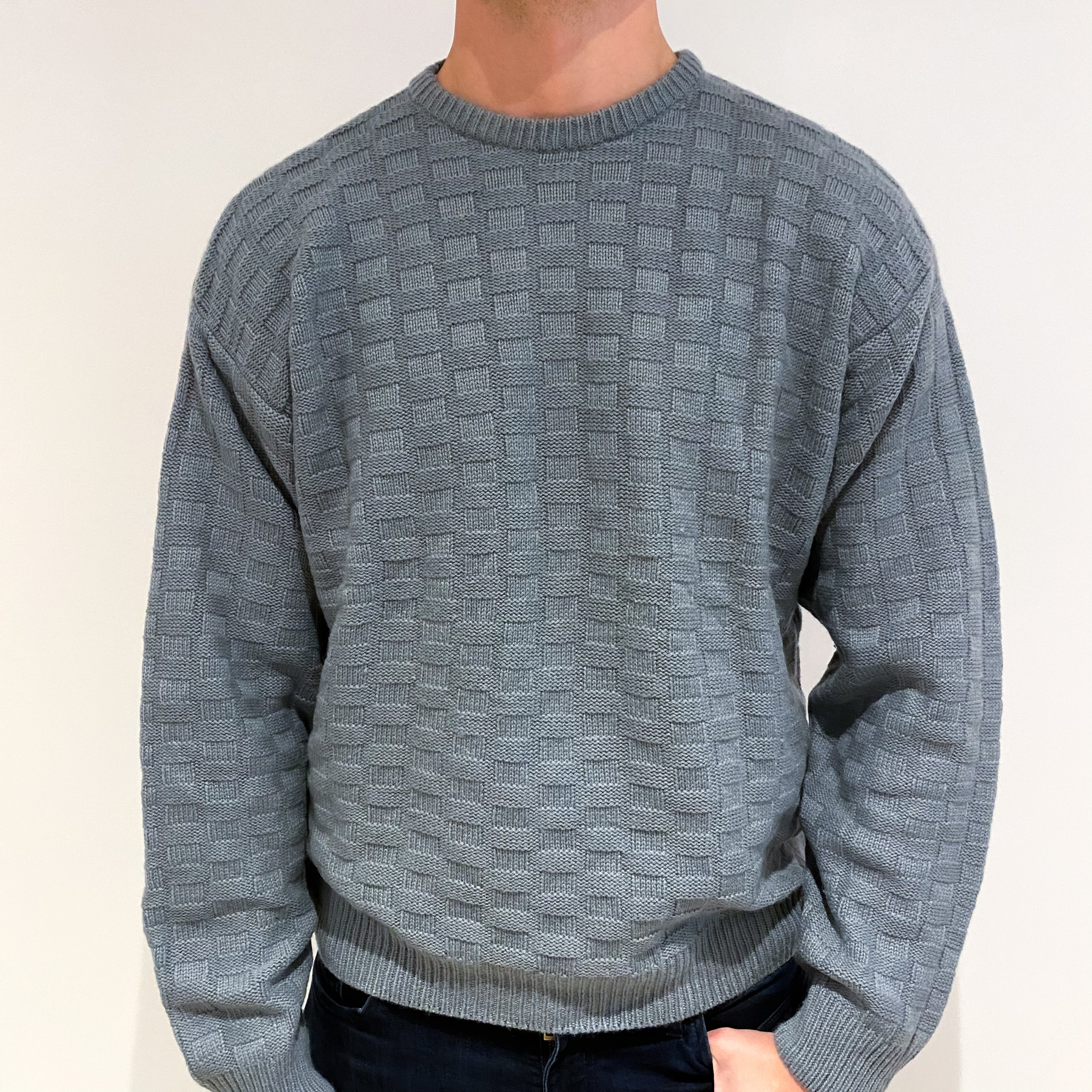 Men's Steel Grey Textured Cashmere Crew Neck Jumper Extra Large