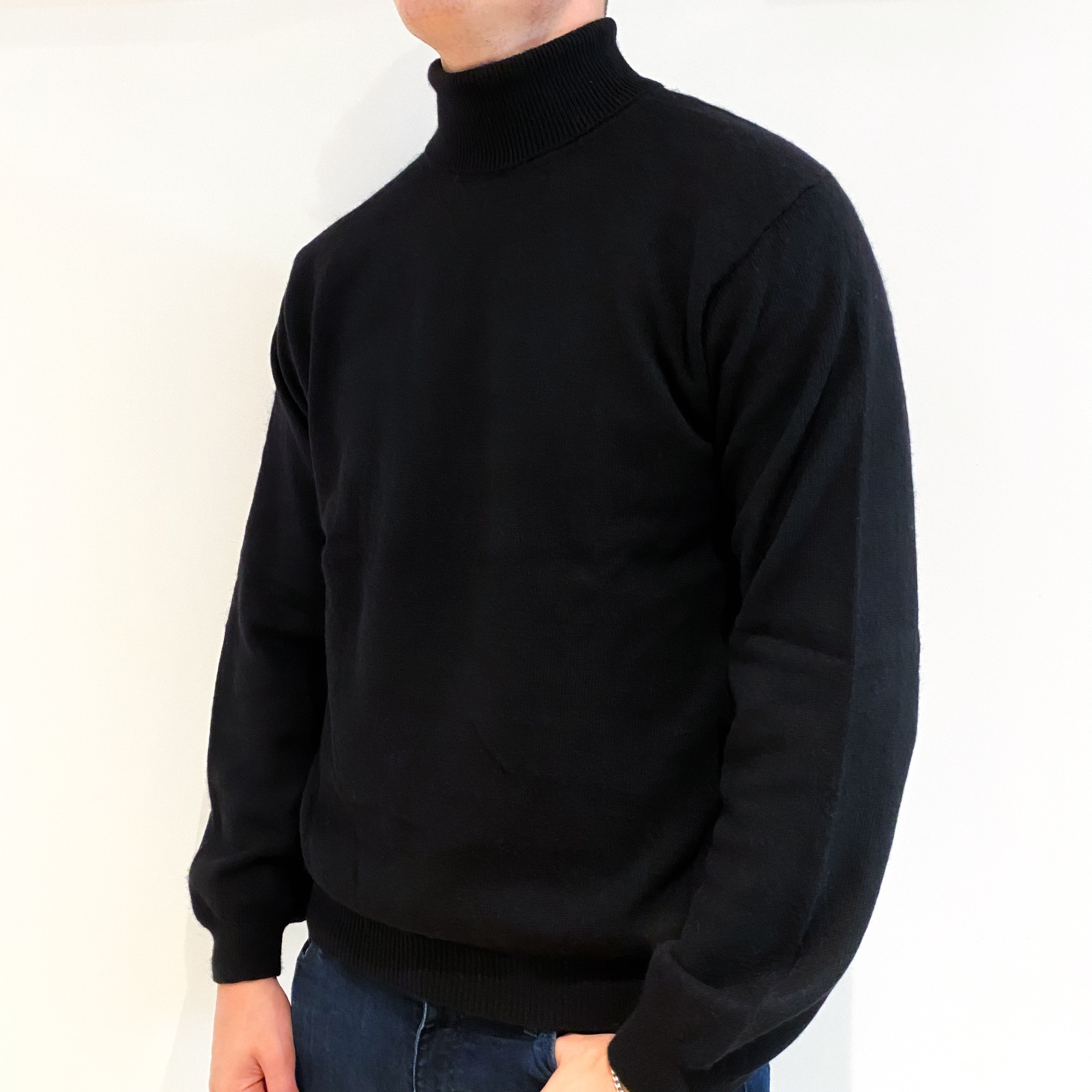 Men's Black Cashmere Polo Neck Jumper Extra Large