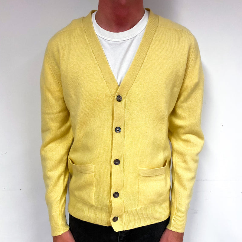 Men's Vintage Yellow Cashmere V-Neck Cardigan with Pockets Small